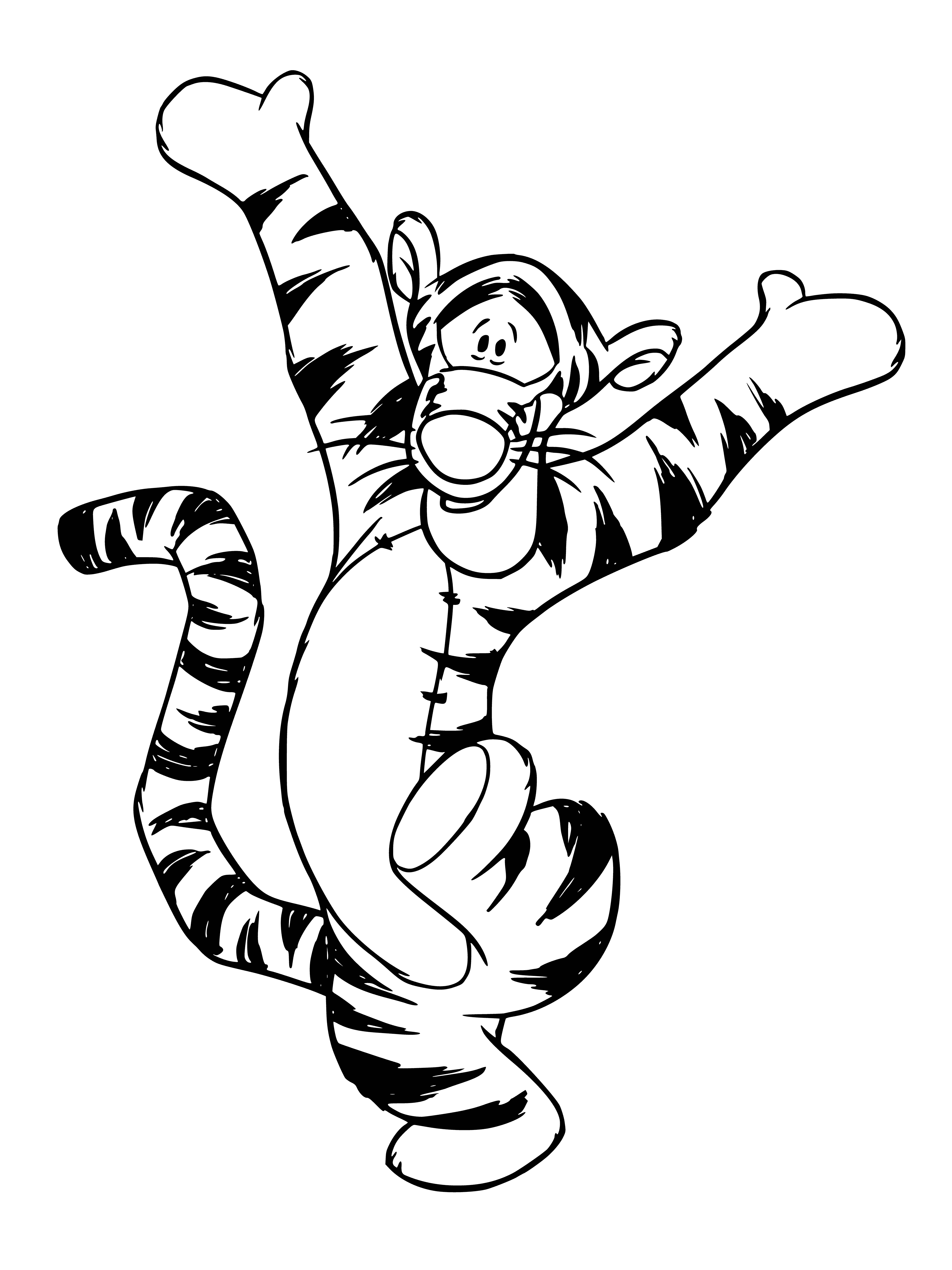 coloring page: Tiger cub with orangefur, black stripes, whitebelly & pointy ears looks at camera with green eyes in the jungle.