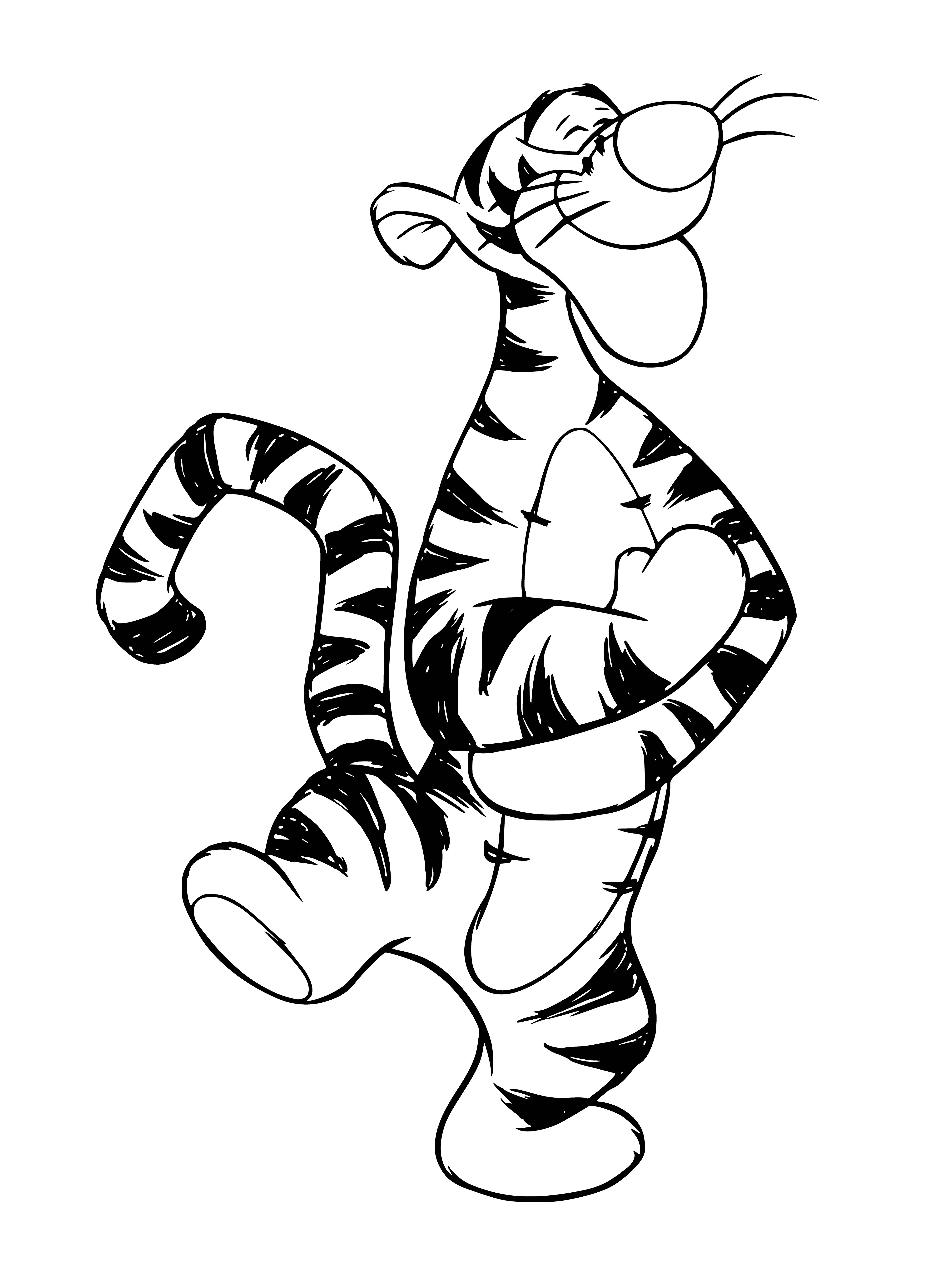 coloring page: Smiling orange tiger with black stripes has arms raised in a V surrounded by green leaves.