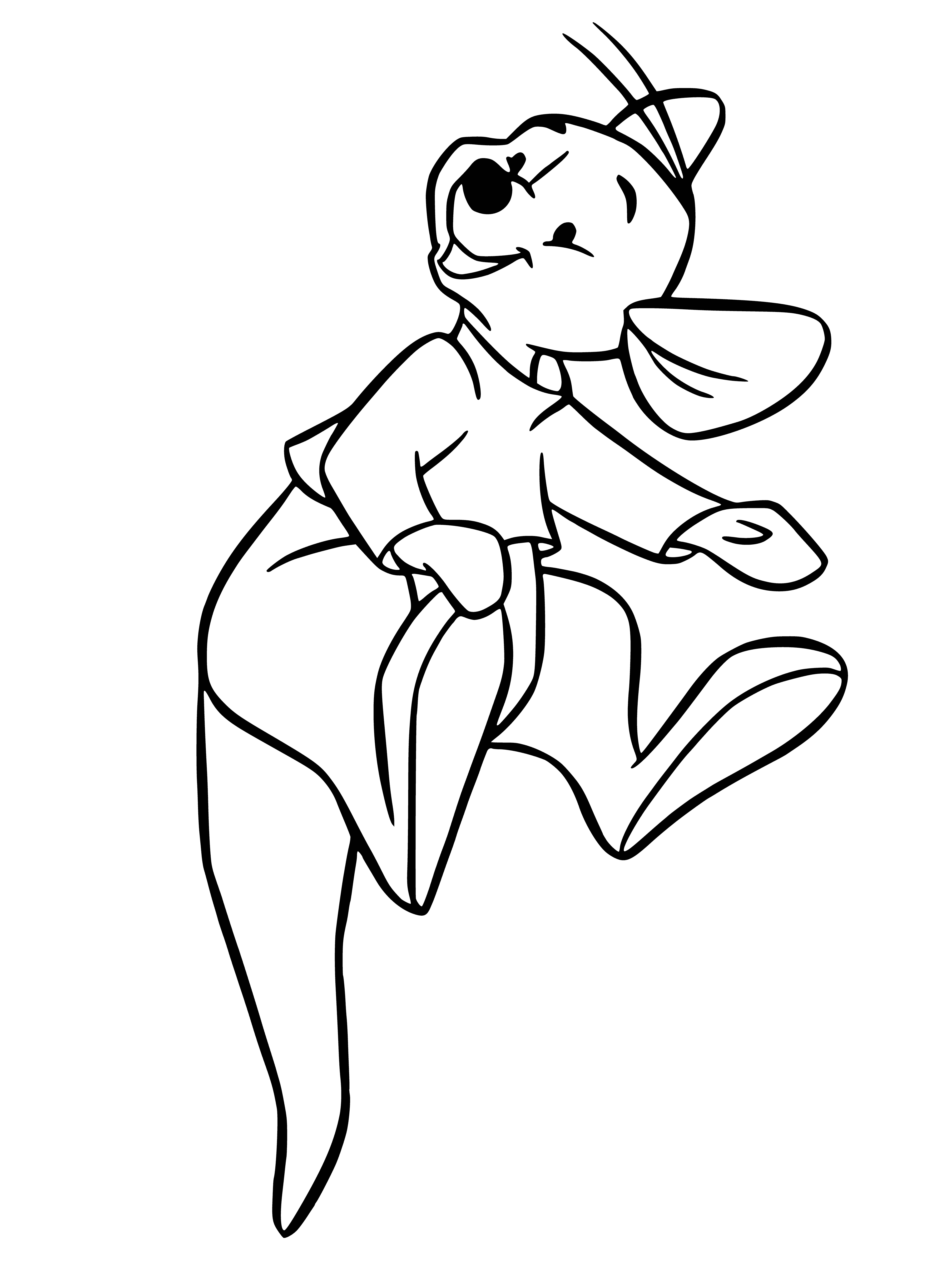 coloring page: Winnie the Pooh figure stands center with arms outspread, holding two honey pots, red shirt & red pants reads "Kid Ru" above. #WinnieThePooh
