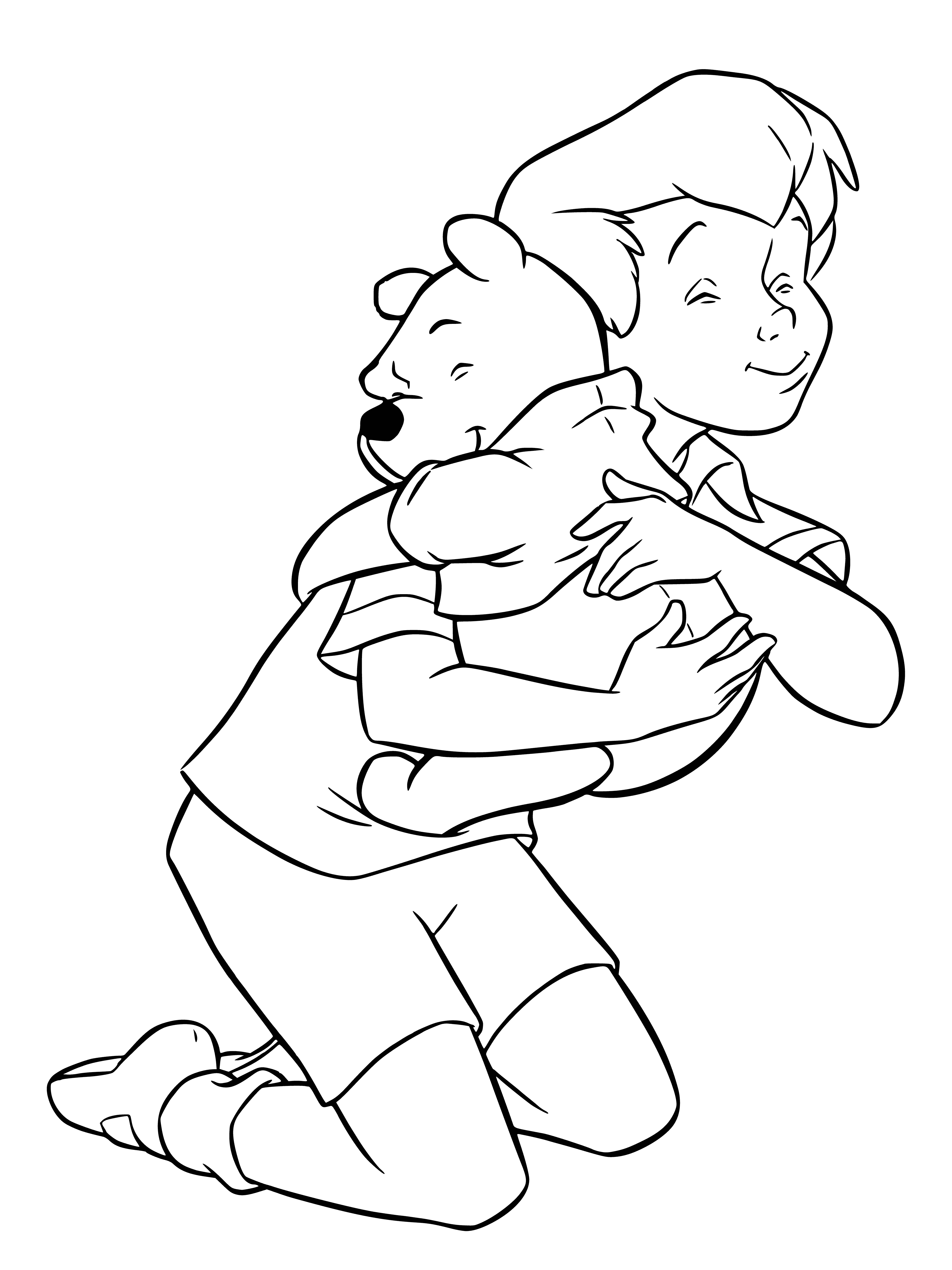 coloring page: Christopher Robin hugs Winnie the Pooh while a butterfly and bee watch nearby in a lovely field.