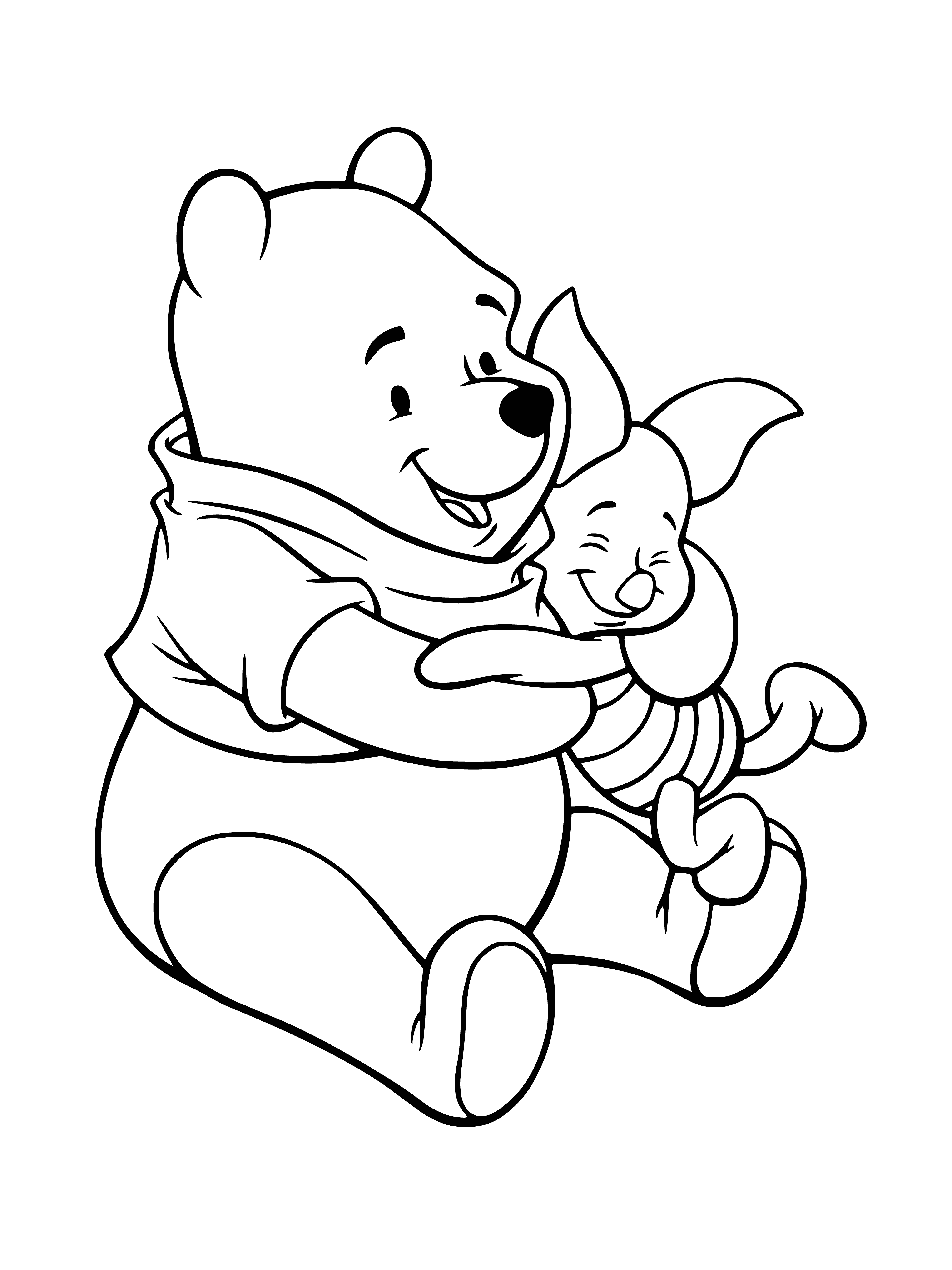 coloring page: Winnie the Pooh & Piggy Pig smile while holding a honey pot & pencil on a coloring page.