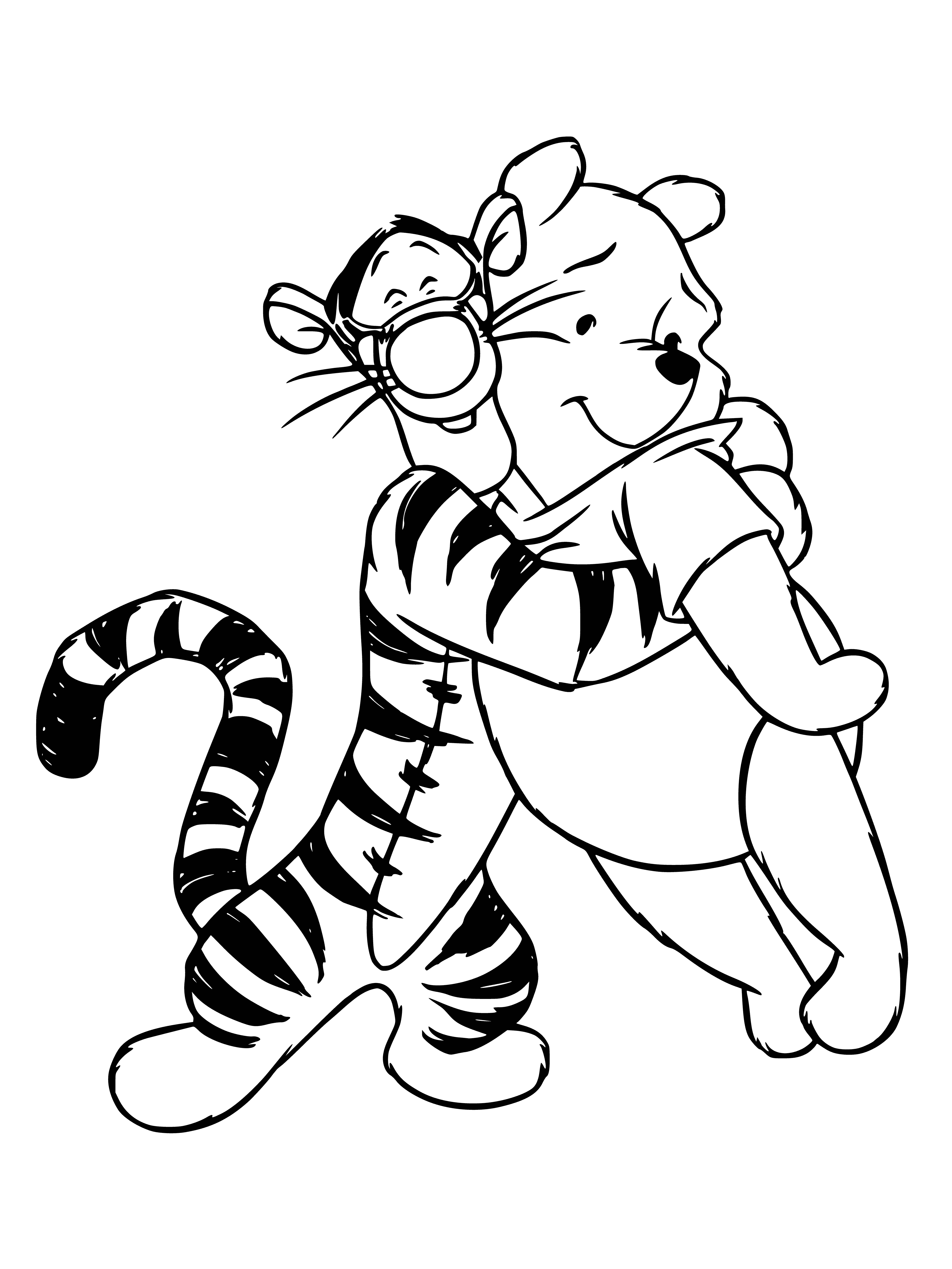 coloring page: Tigger & Pooh happily hug, smiles on their faces!