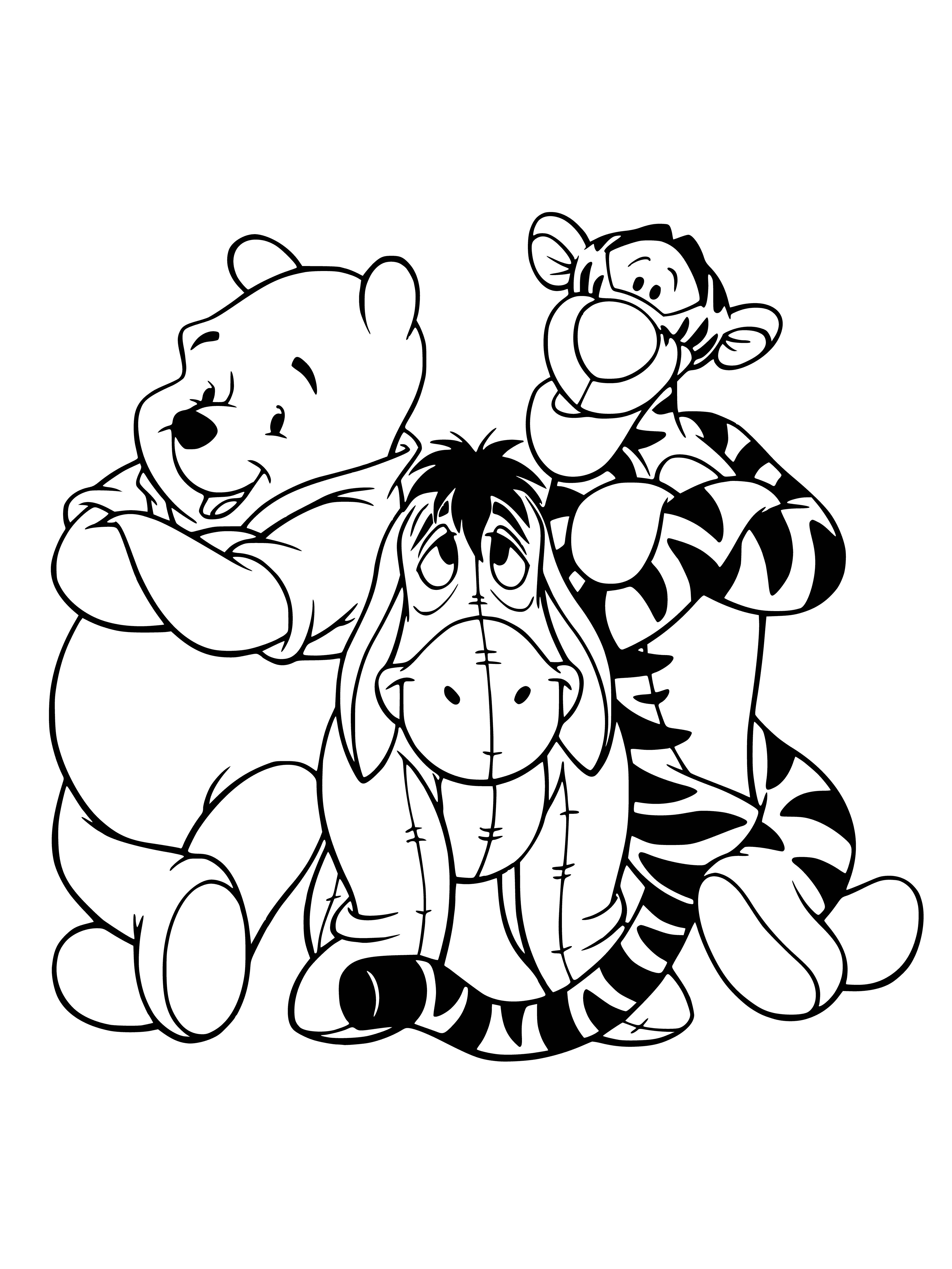 coloring page: Winnie the Pooh and his friends: Eeyore (sad) and Tigger (excited) are enjoying life together, sitting & bouncing around in their signature colors.