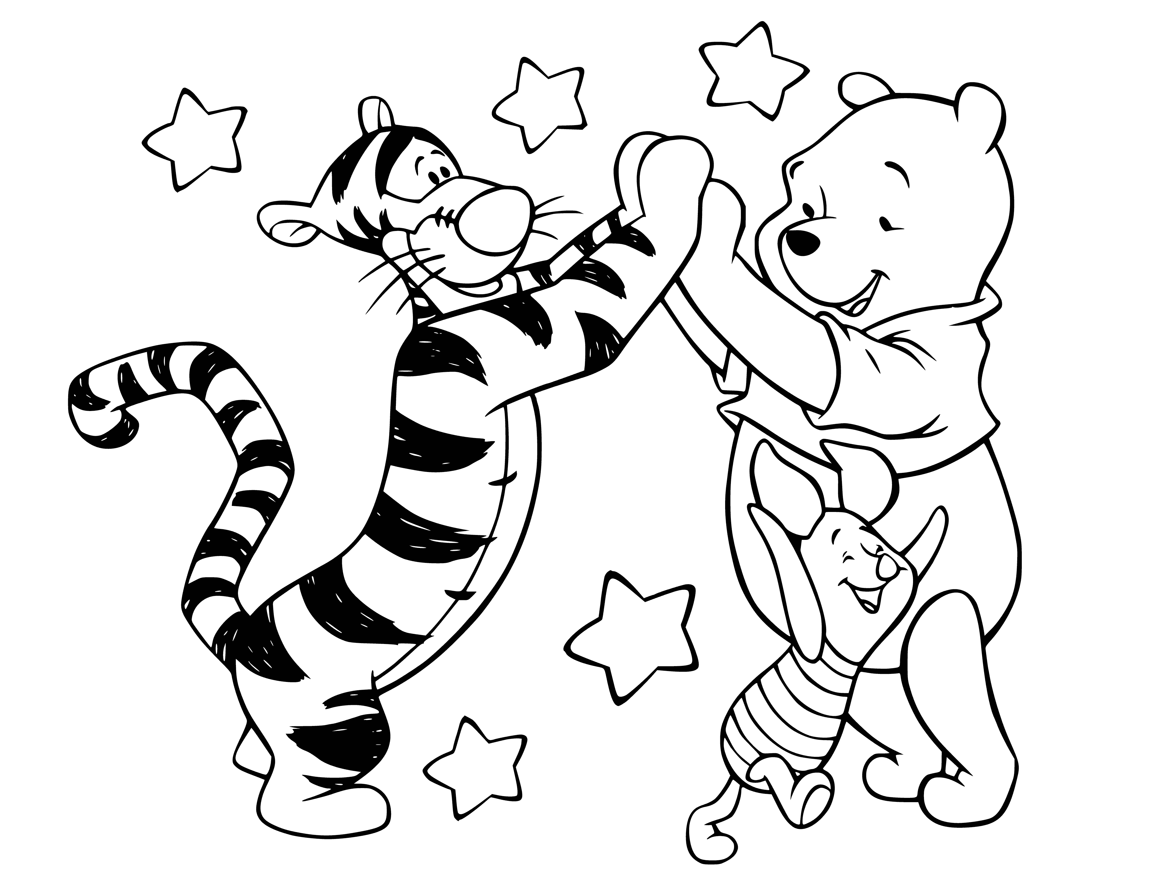 coloring page: 5 animals- bear, honey pot, rabbit, bird & tiger- gather around a bear in the middle who is wearing a red shirt.