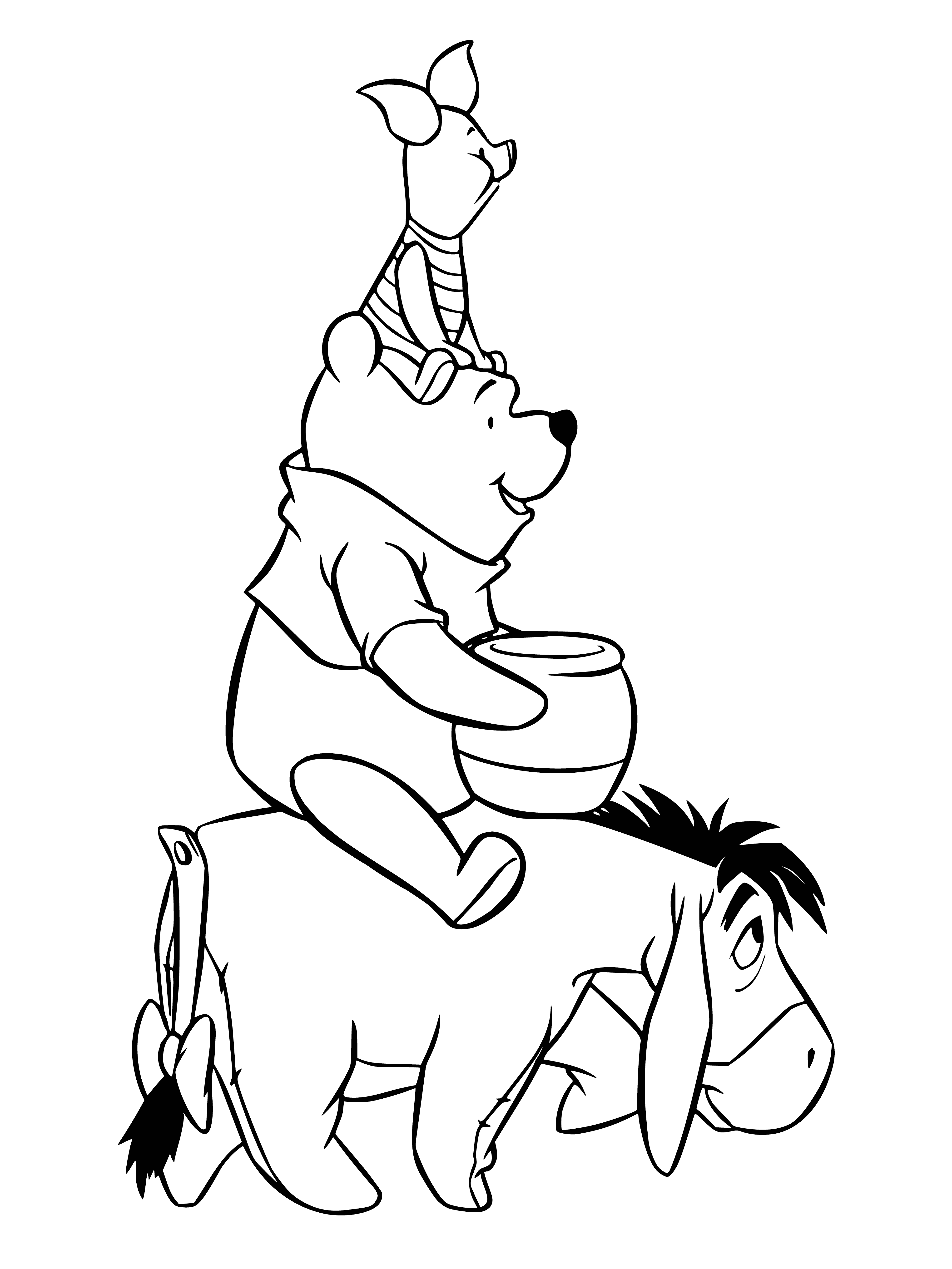 coloring page: Winnie the Pooh gallops on a horse wearing a red shirt, pants, and scarf, with a honey pot in his hand.