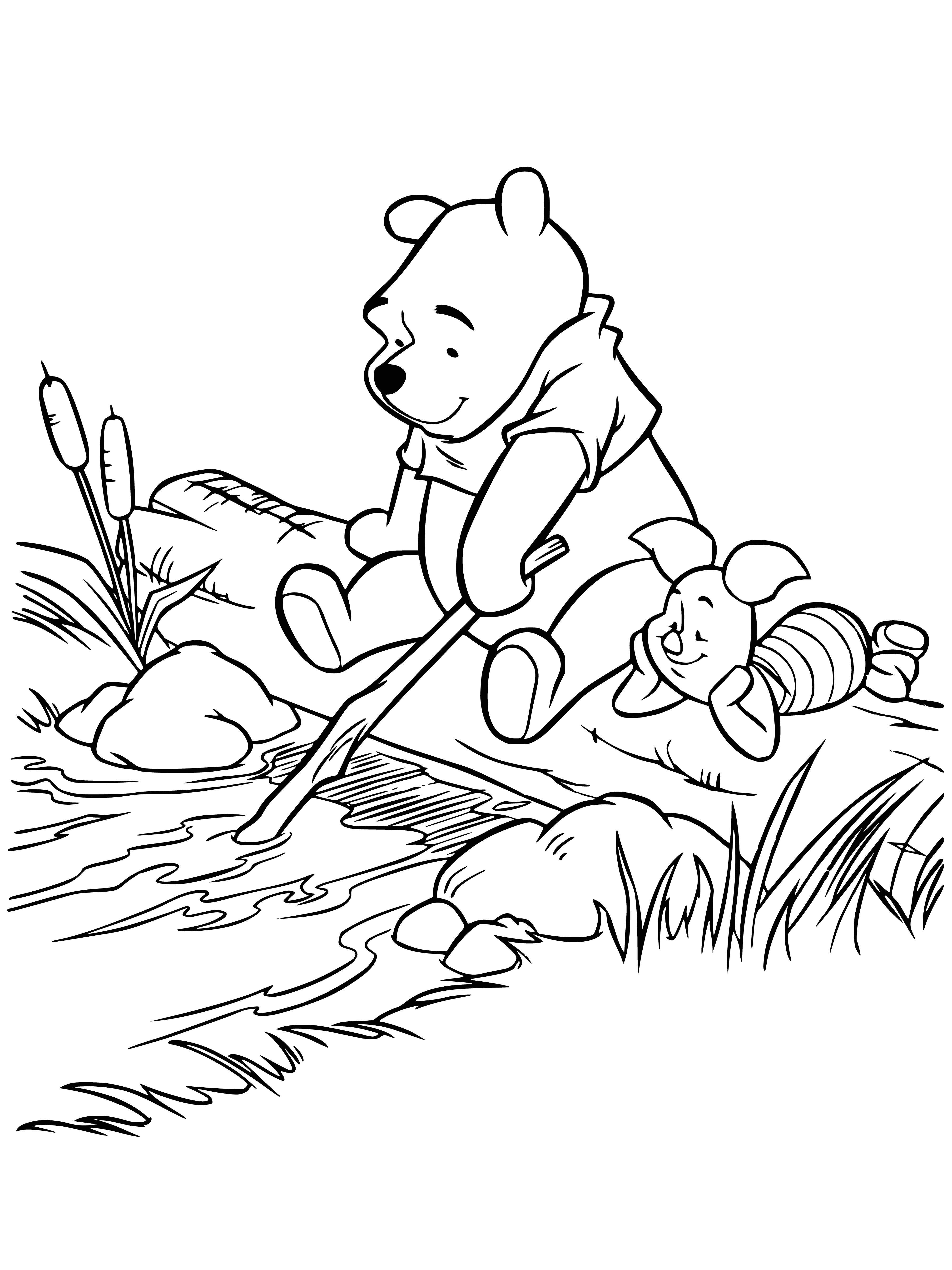 coloring page: Winnie The Pooh is fishing by a river, hoping to catch some fish. His feet are in the water, and he's enjoying the view of the fish.
