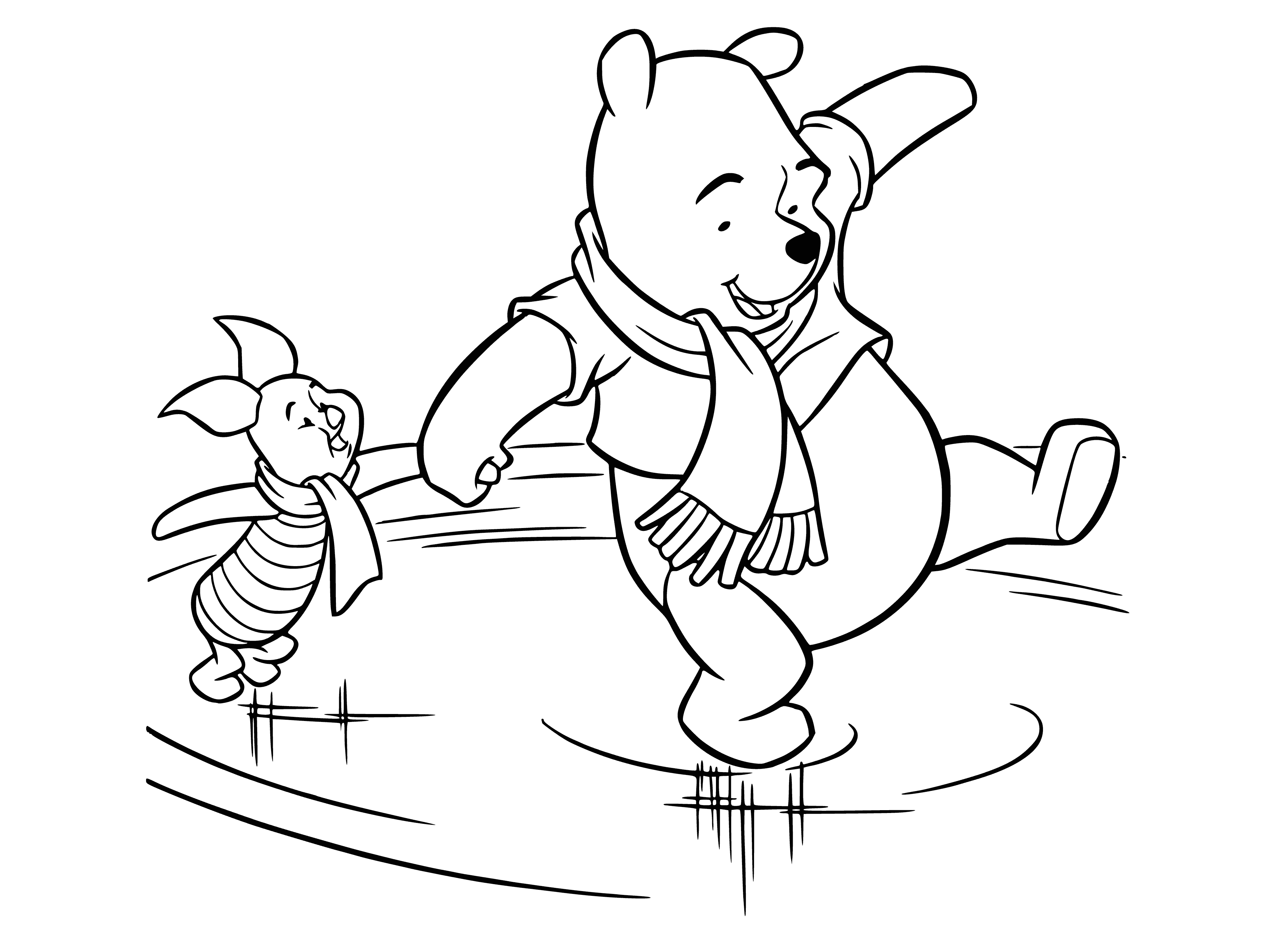 coloring page: Winnie the Pooh & Piggy have a good time gliding on the ice while wearing winter clothes in this fun, printable coloring page.