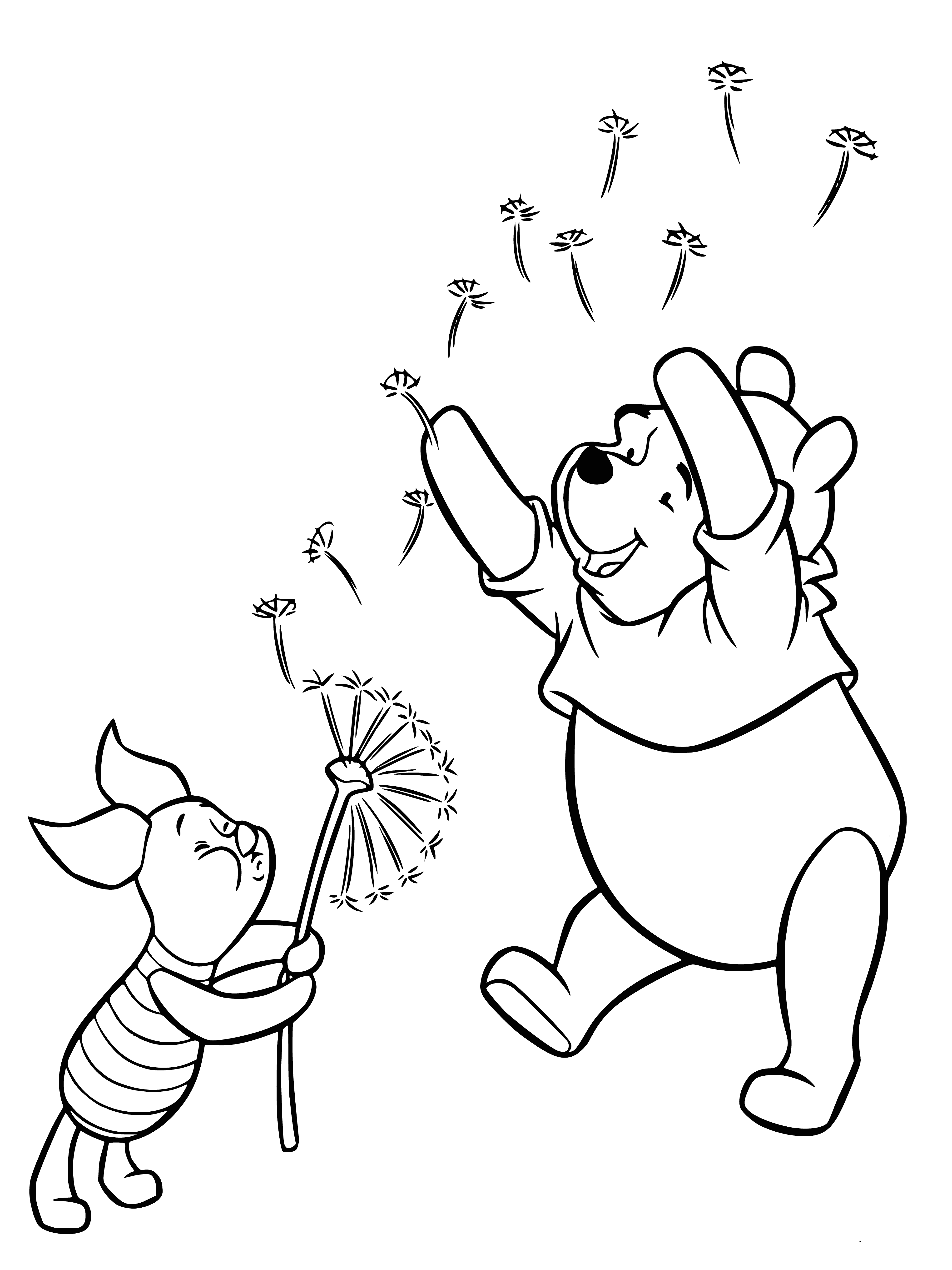 coloring page: Winnie & Piggy try to get honey in a tree; Winnie can't reach it & Piggy holds a stick, ready to whack him.