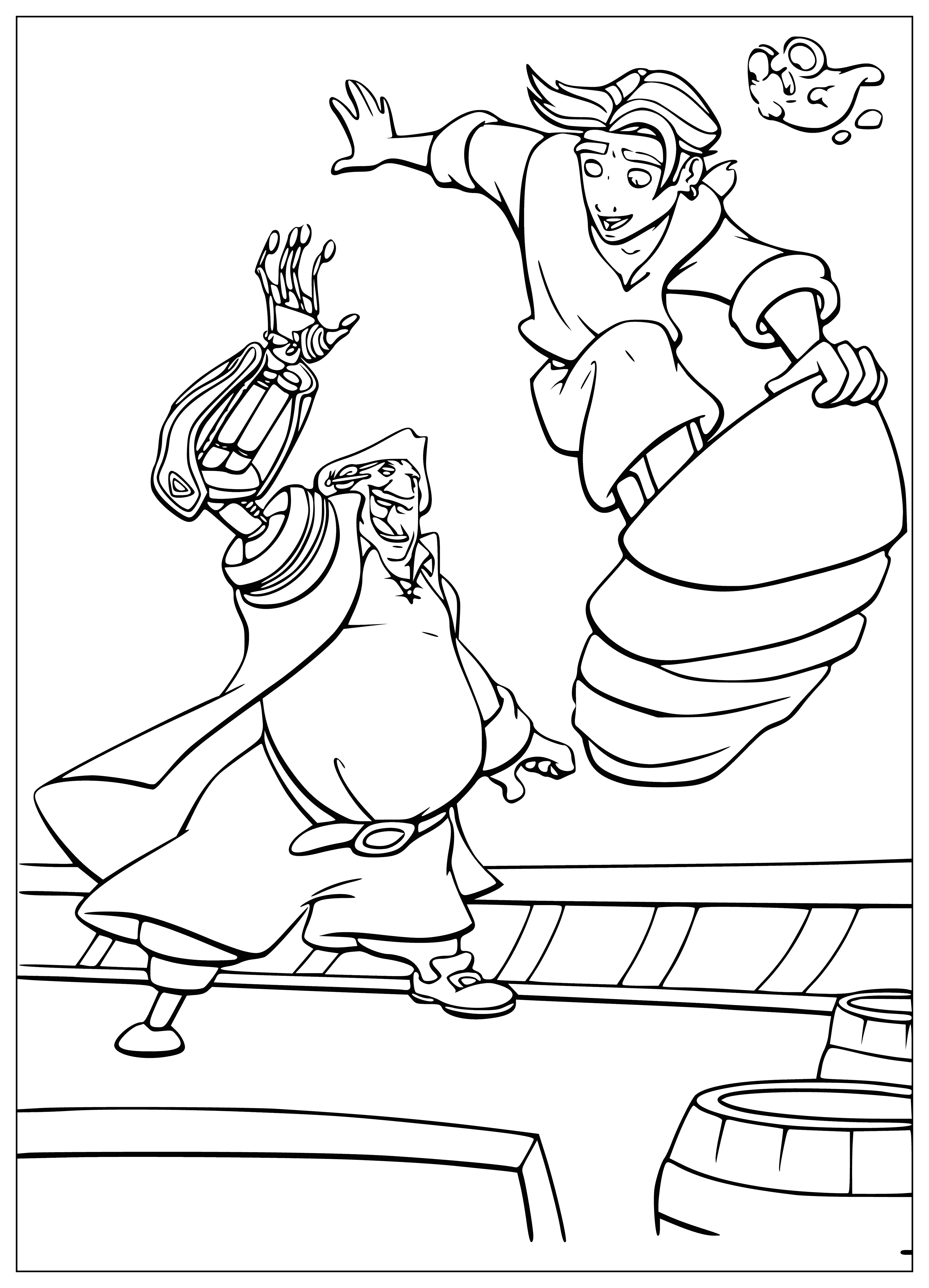 coloring page: Boy riding board in air wearing red, cloth on head, feet gripping board.