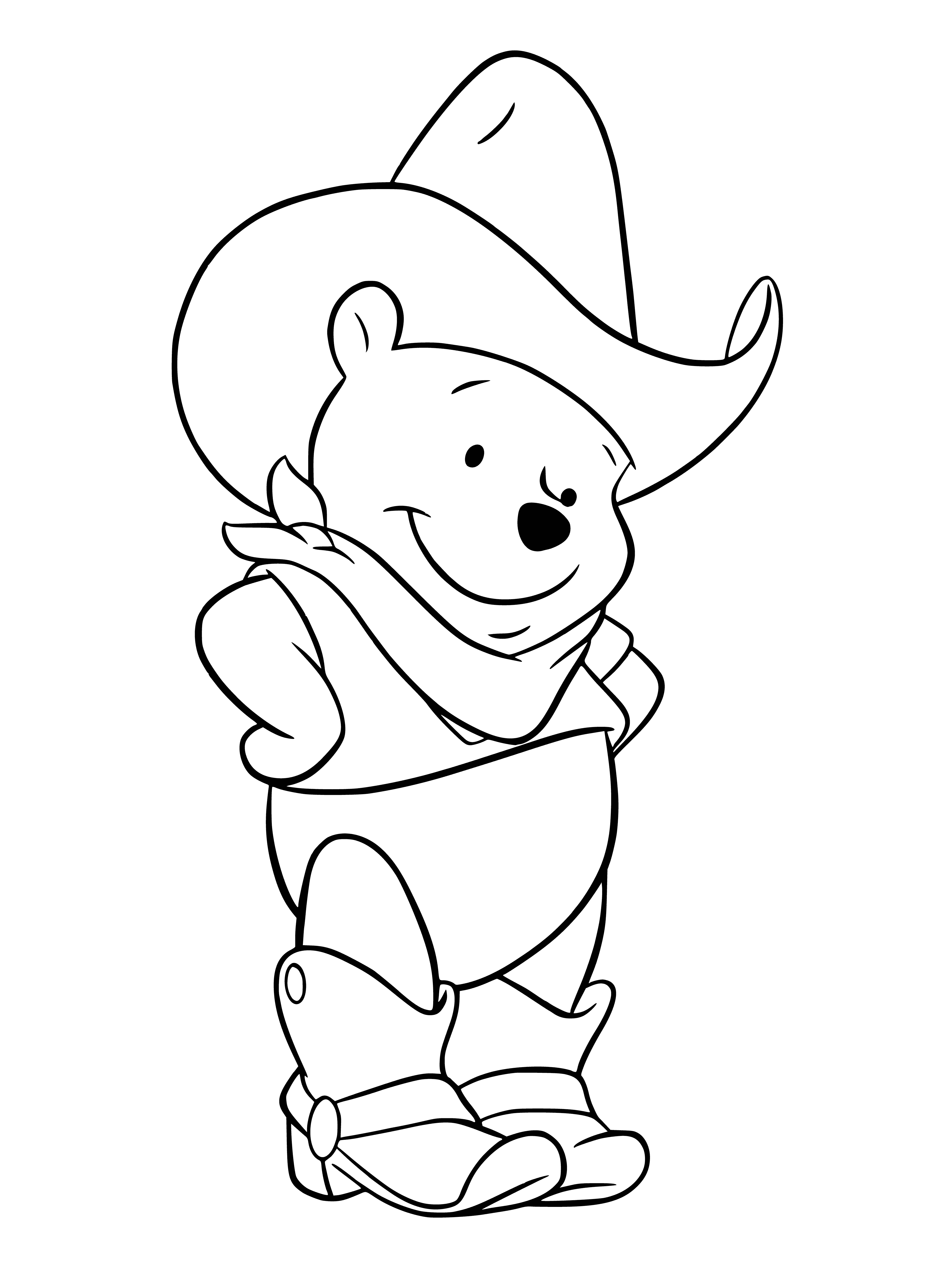 coloring page: Cowboy in brown hat and red and white shirt has gun holstered in brown belt. He wears blue jeans, brown boots and yellow bandanna. Yeehaw!