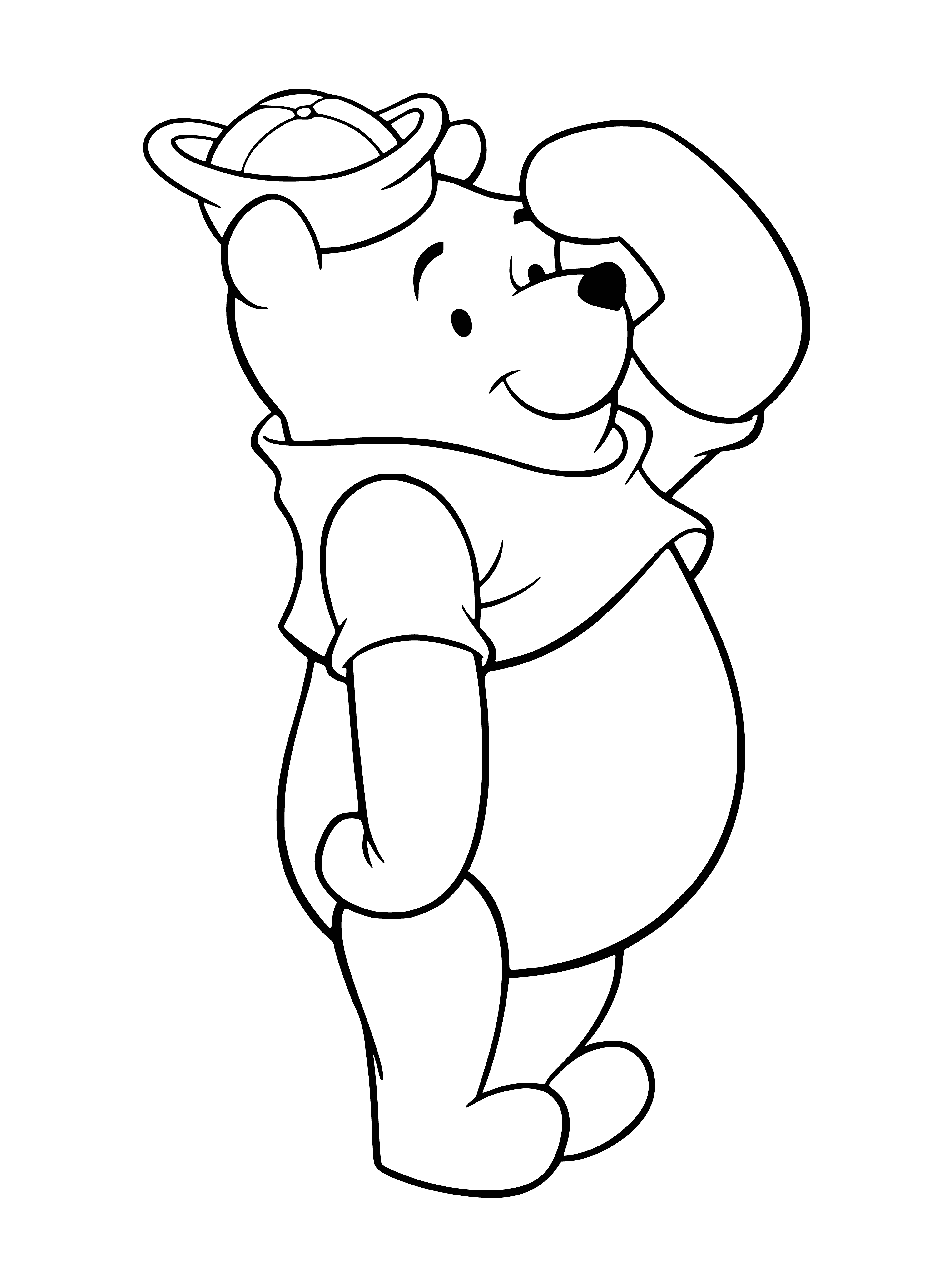 coloring page: Winnie the Pooh sails in blue & white shirt, red scarf, sailor's hat. Island with trees & blue sky in background.