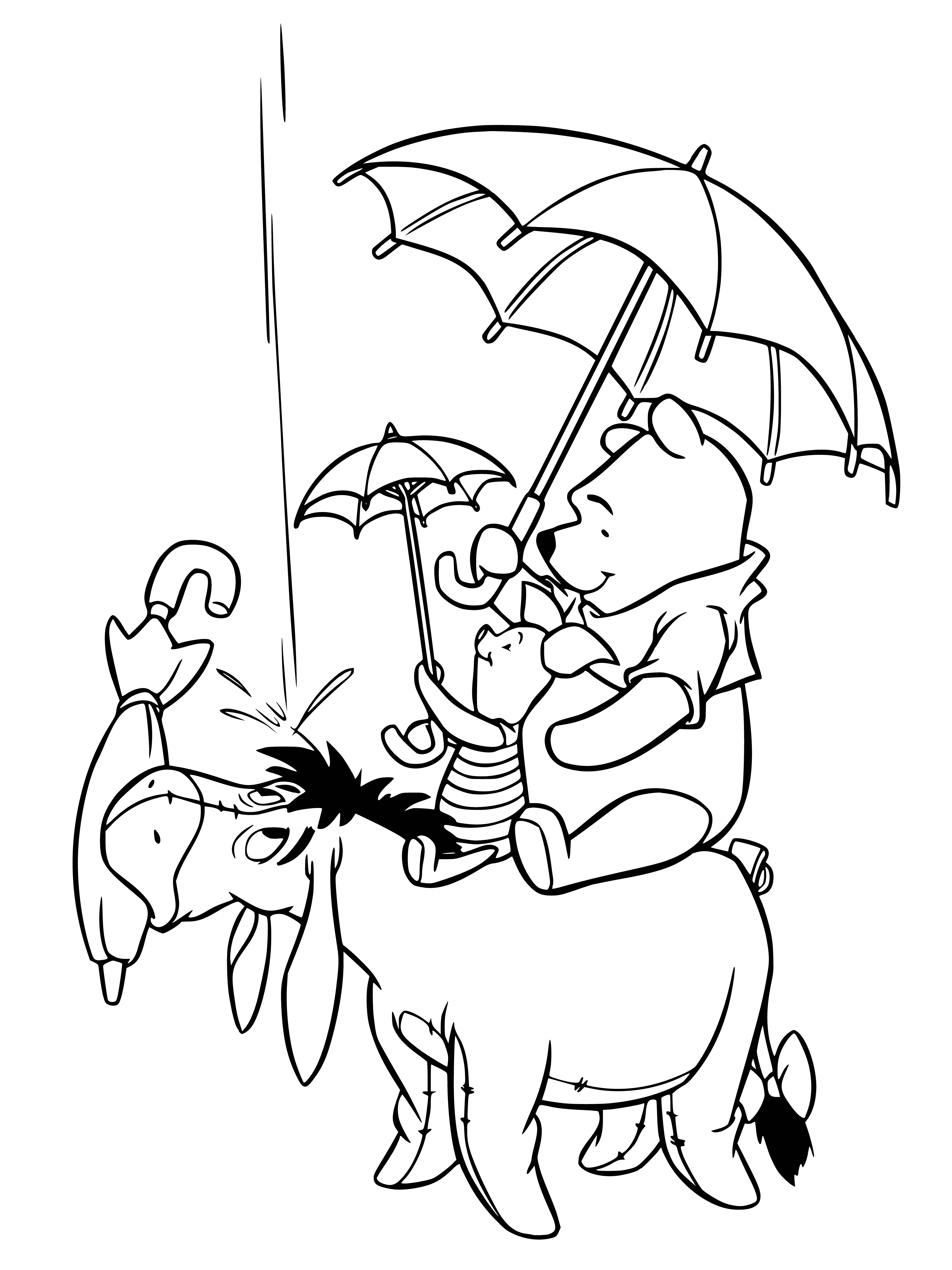coloring page: In the rain, Pooh surprises himself with a honey pot while holding an umbrella.