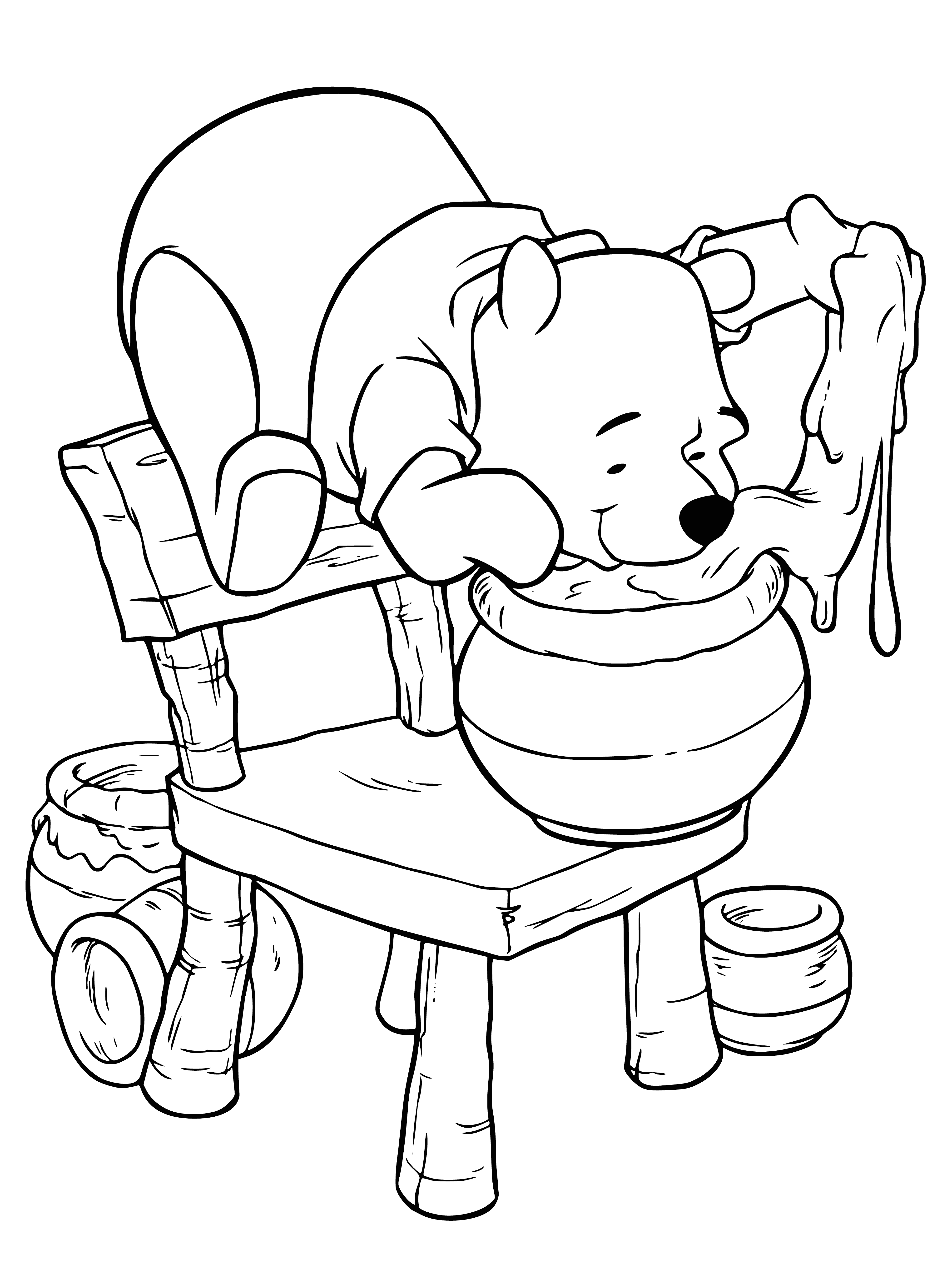 coloring page: Winnie the Pooh grins happily, standing in front of a tree with a pot of honey in hand. #honeylovers