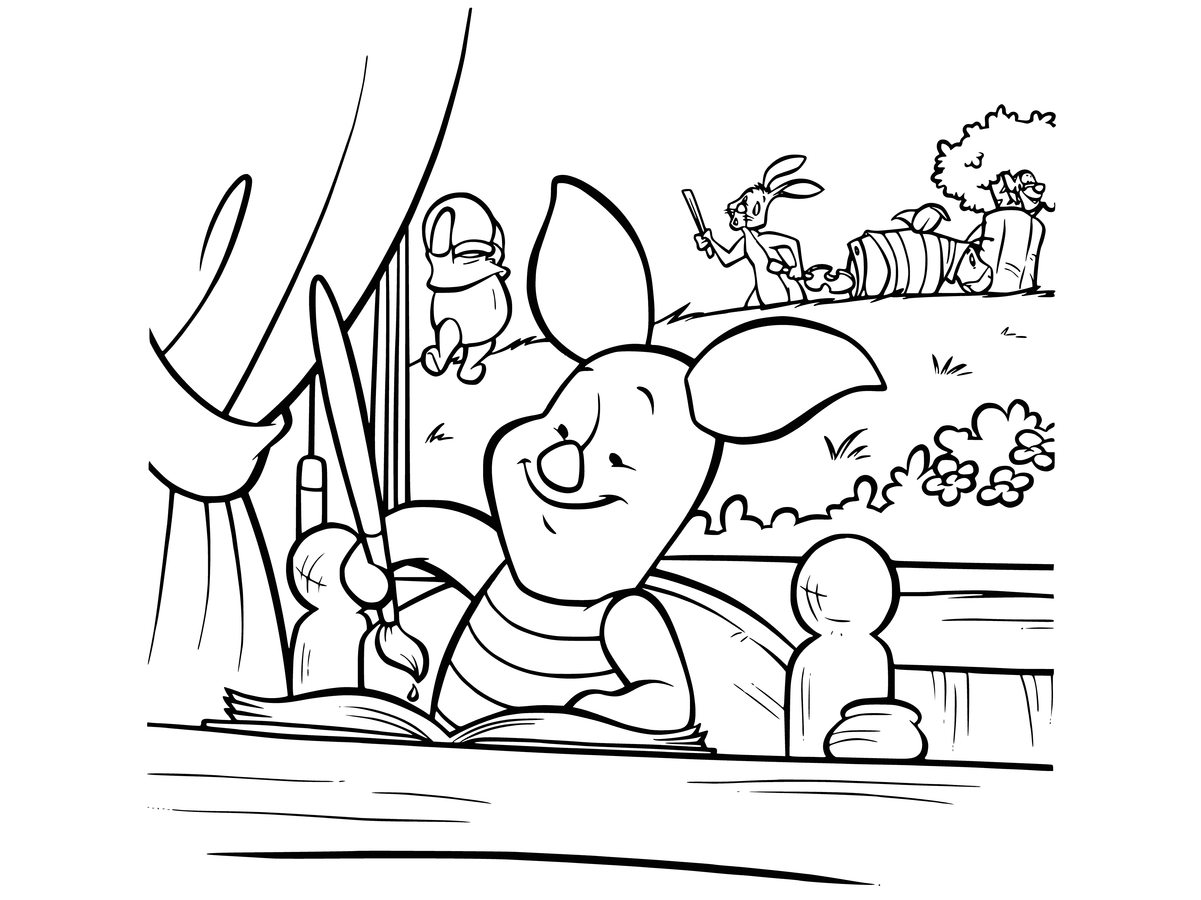 coloring page: Pig on a stool draws, wearing a shirt, bow tie w/ a missing left ear.