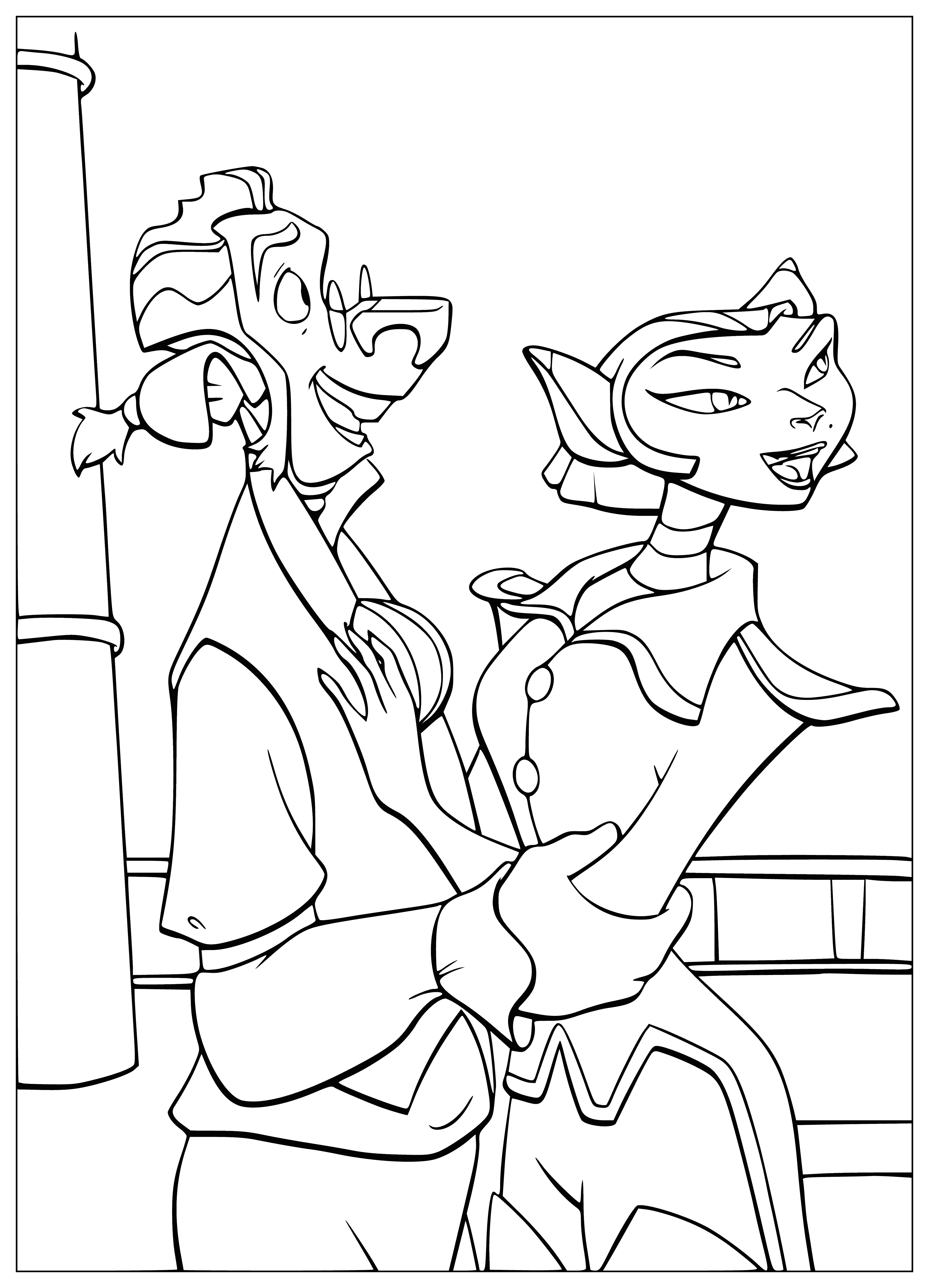 coloring page: Doctor is a brown-haired woman w/a large nose & white coat, captain is a tall bearded man in a blue shirt w/a telescope.