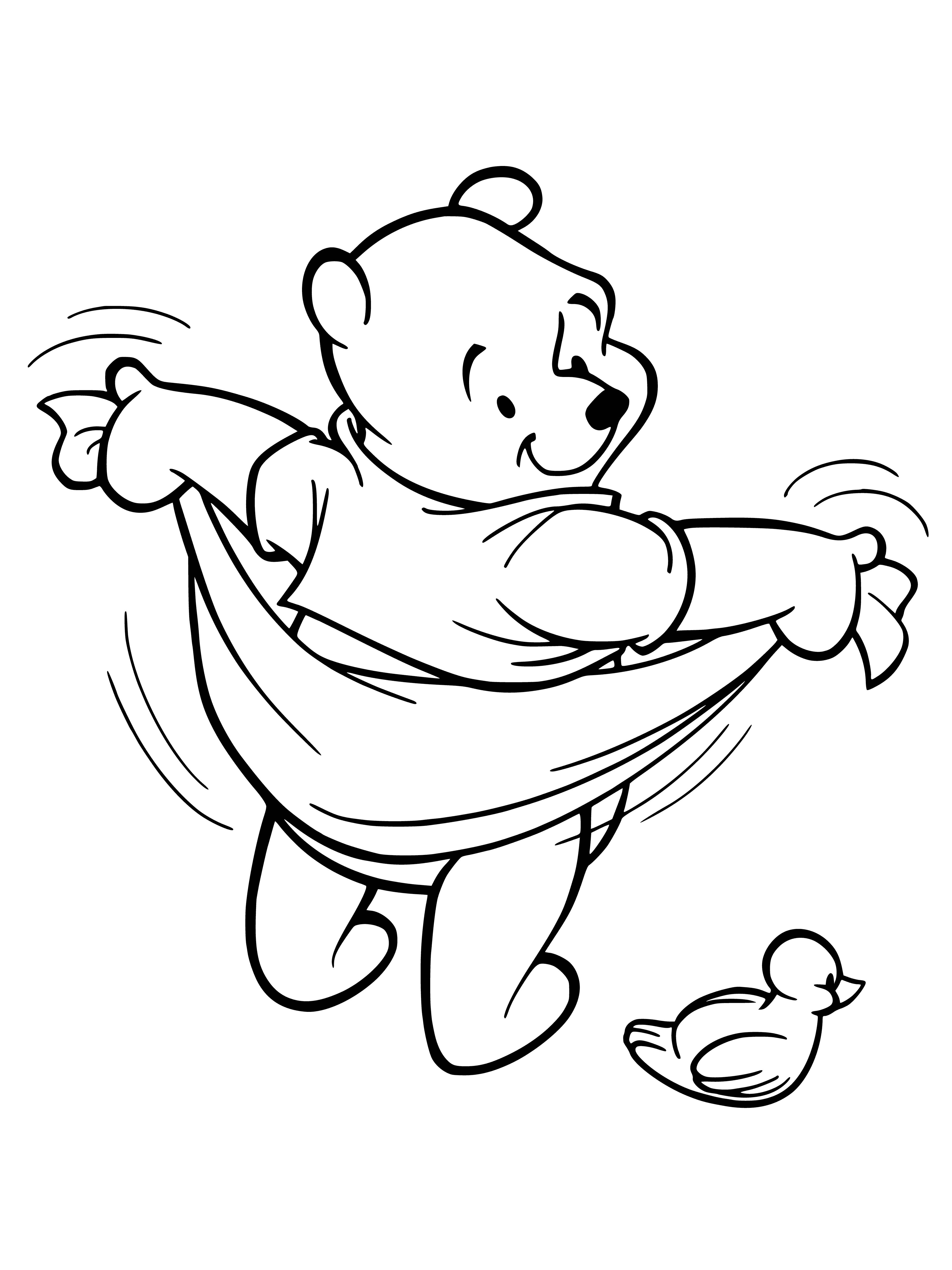 coloring page: Winnie the Pooh relaxes under a tree, smiling and surrounded by flowers.