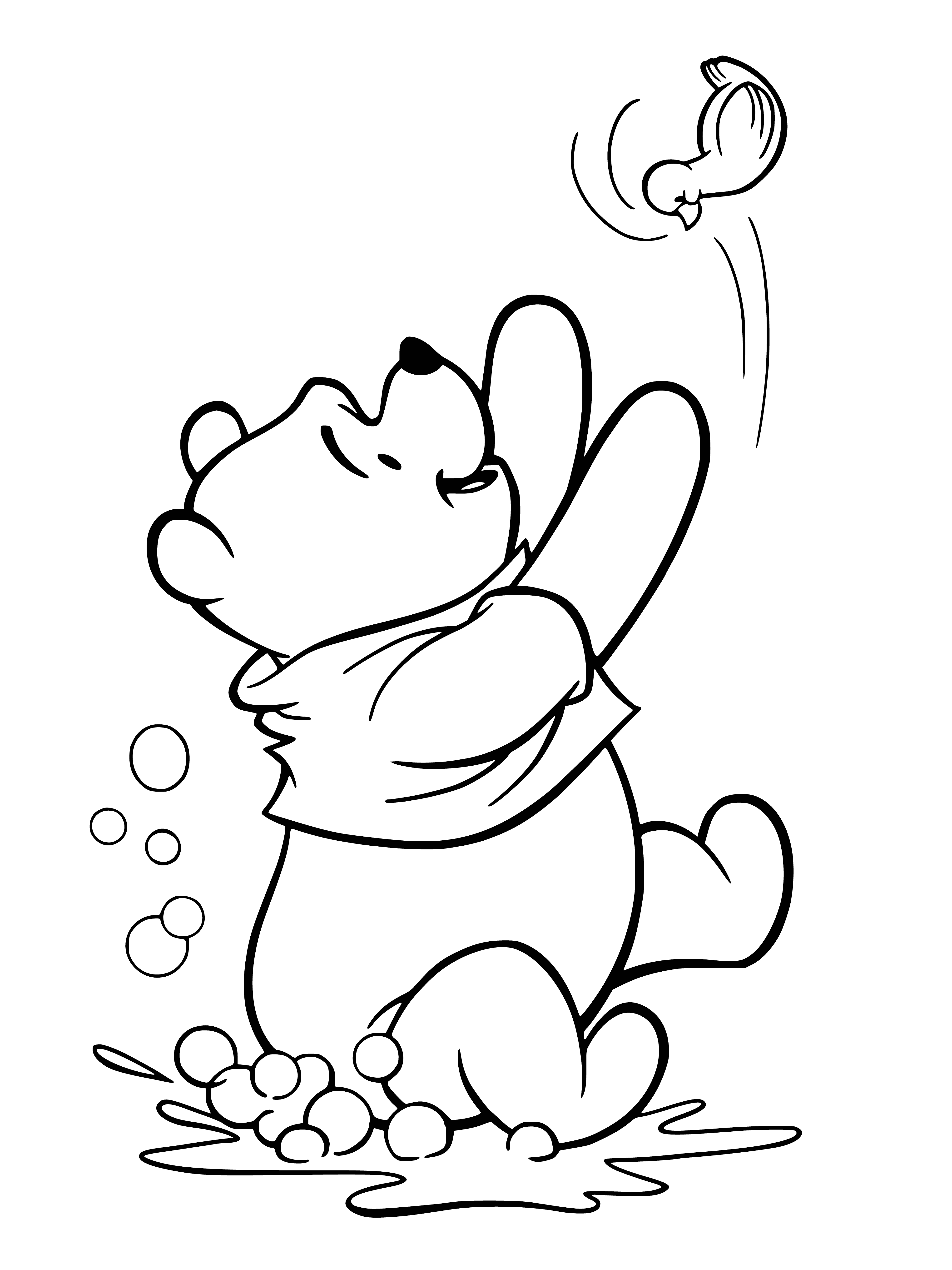 coloring page: Winnie the Pooh sits on the ground reading, pointing to something in the book, with a red balloon in his hand and a toy train by his side.