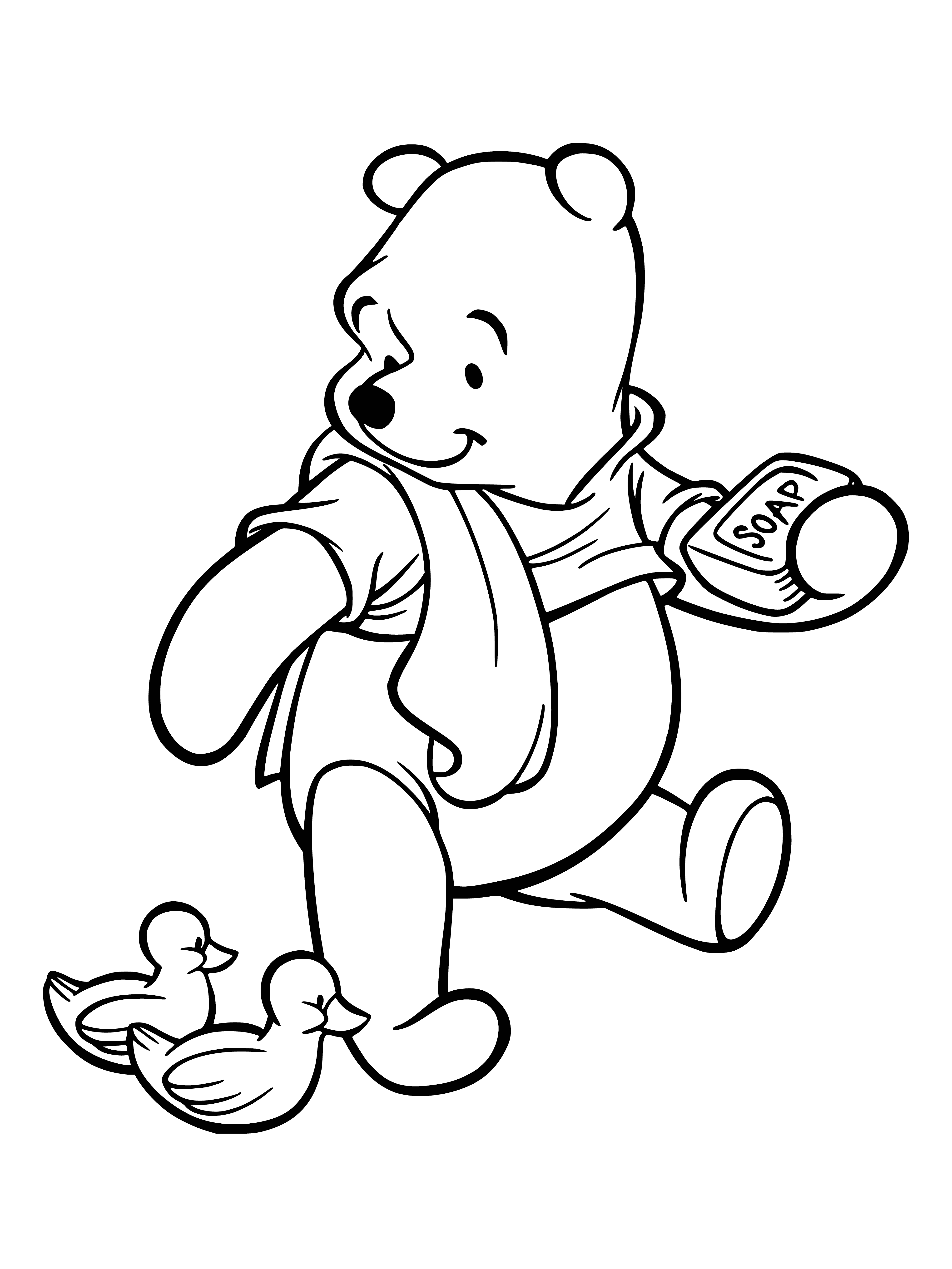 coloring page: Winnie the Bear sitting on a log with a pot of honey in front of him, hugging his knees and wearing a red shirt. #happybear
