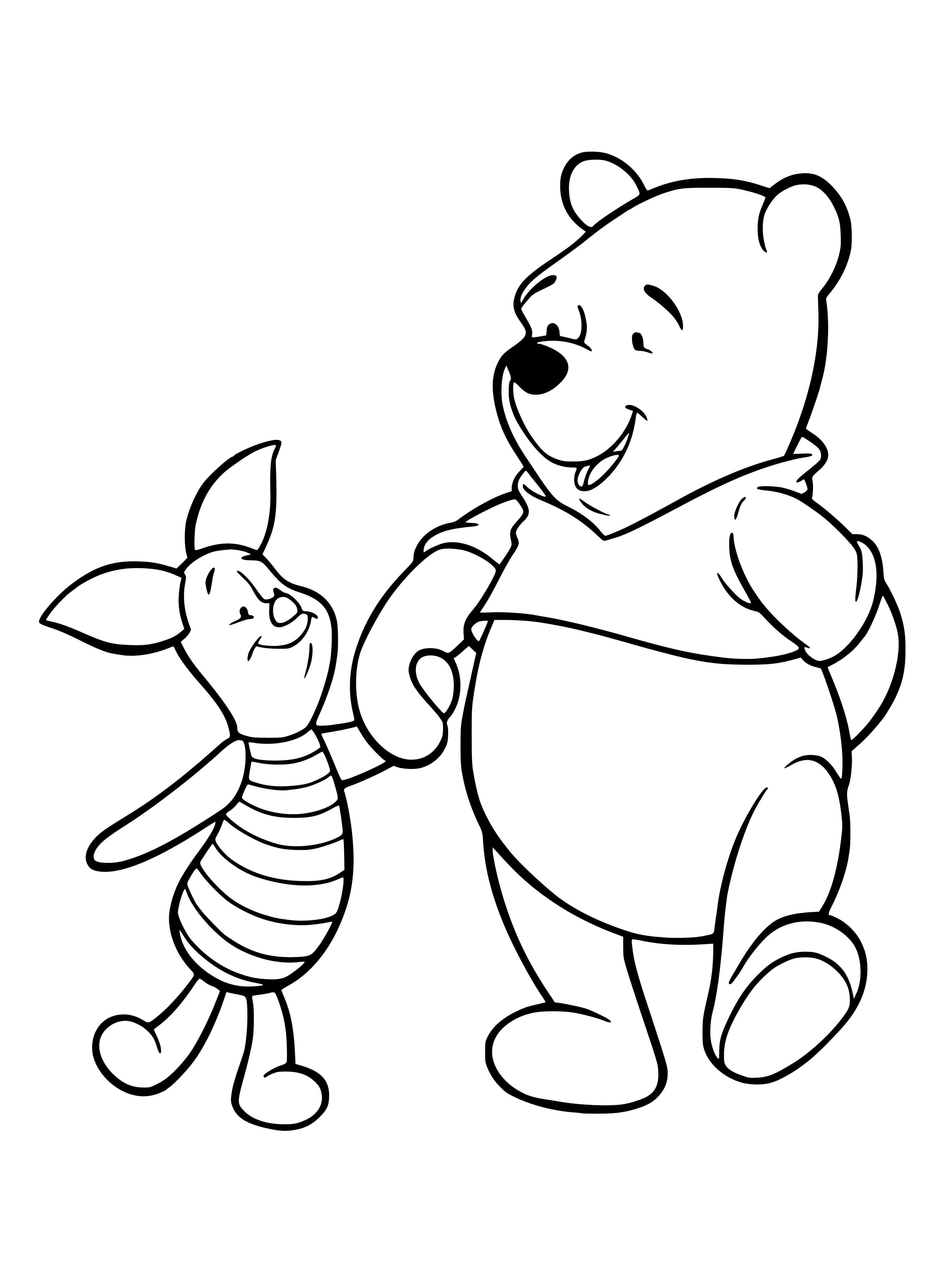 coloring page: Two friends, Winnie the Pooh and Piggy, embrace in a forest.