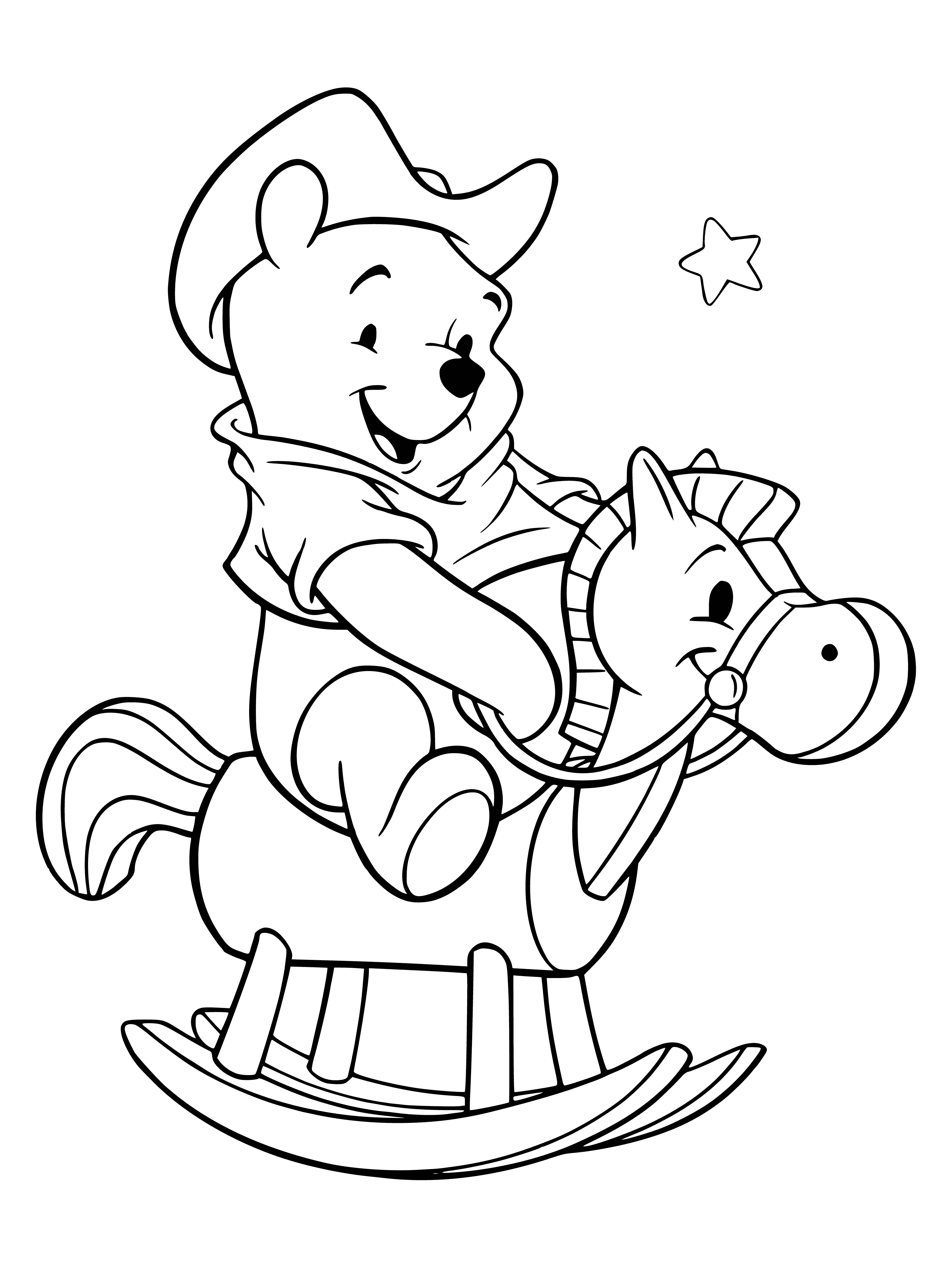 coloring page: Cowboy Winnie the Pooh wears a hat, red shirt, blue jeans, and carries a lasso and gun. He stands next to a yellow/red barn and green tree.