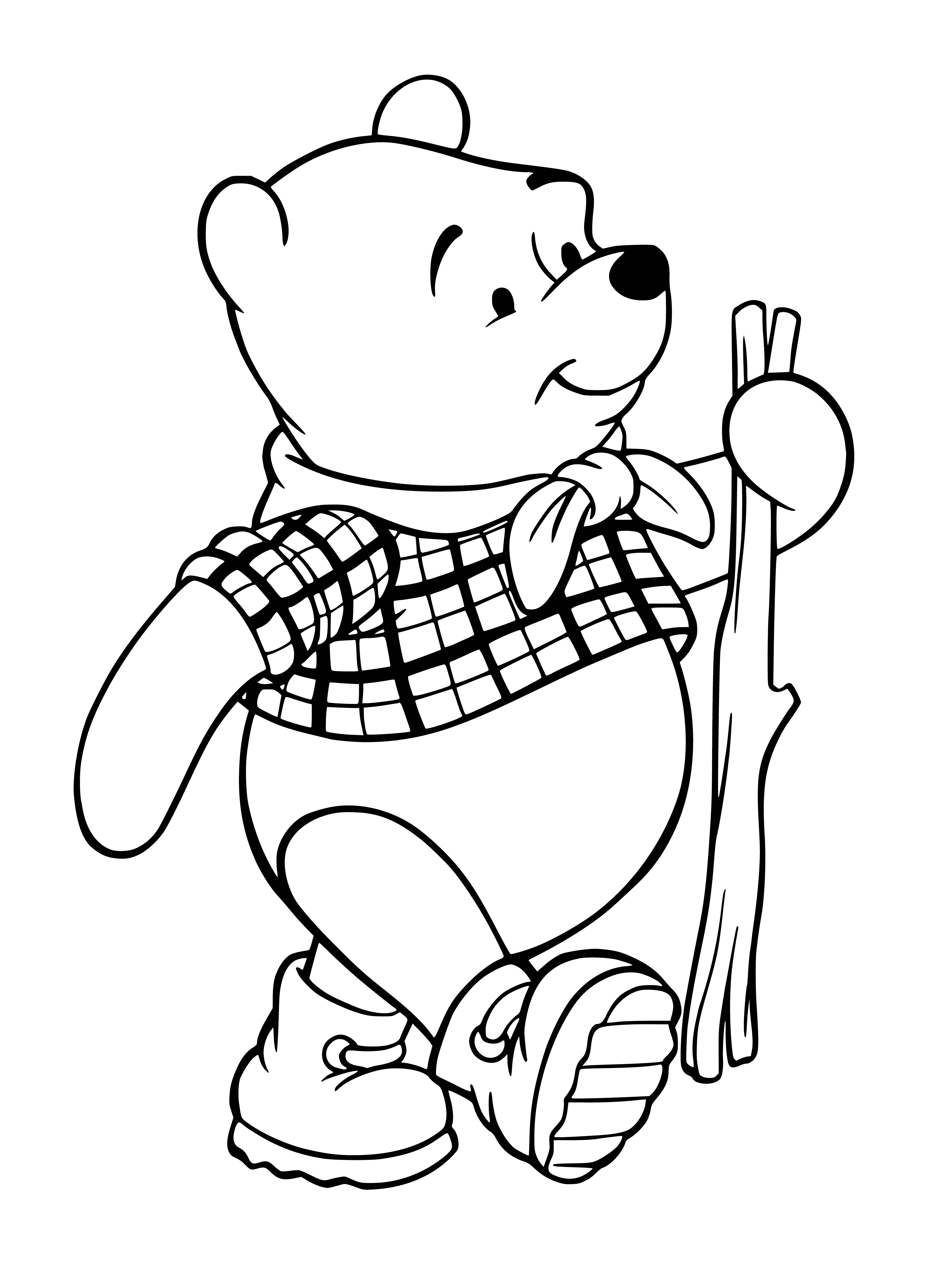 coloring page: Winnie the Pooh travels down a path in a wagon pulled by a donkey through a grassy field with trees and a hill in the distance, with a blue sky and some clouds.