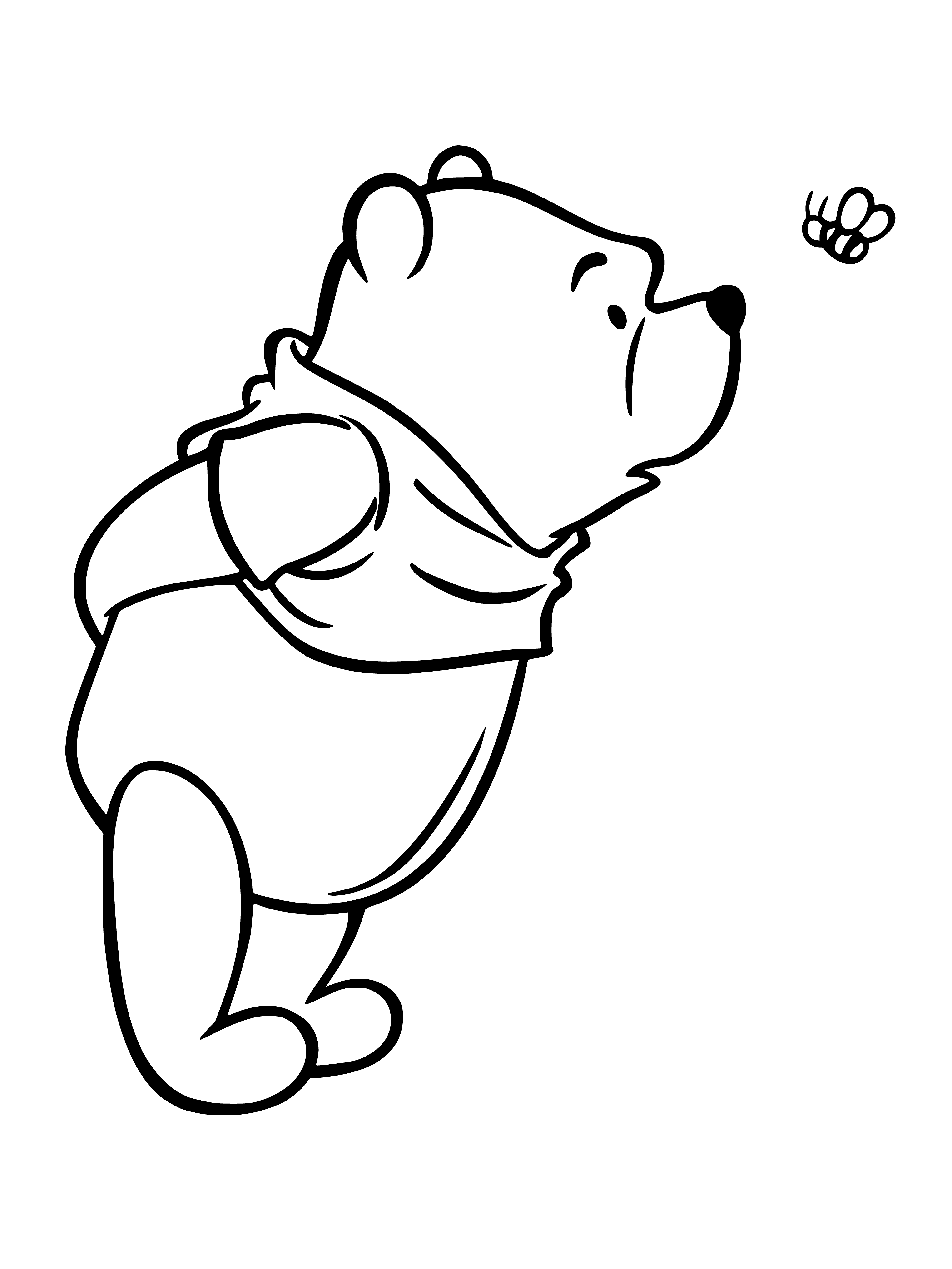 coloring page: A puzzled bear holds a honey pot and has a bee buzzing around him with a bee hive in the tree behind him. #coloringpage