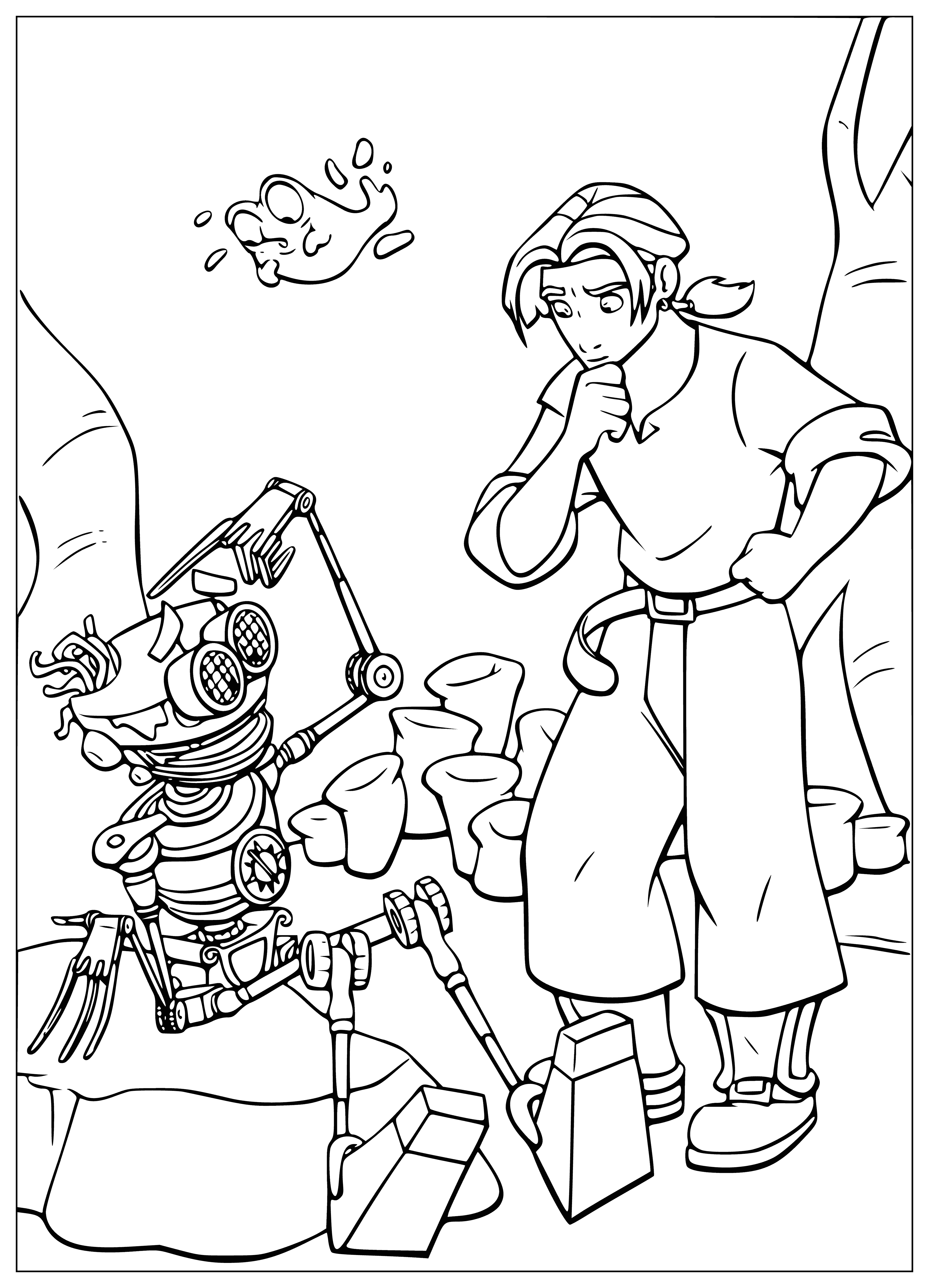 coloring page: In treasure planet, a huge golden treasure chest with a green gem in the center is overflowing with gold coins, 3 golden goblets, and a golden necklace.