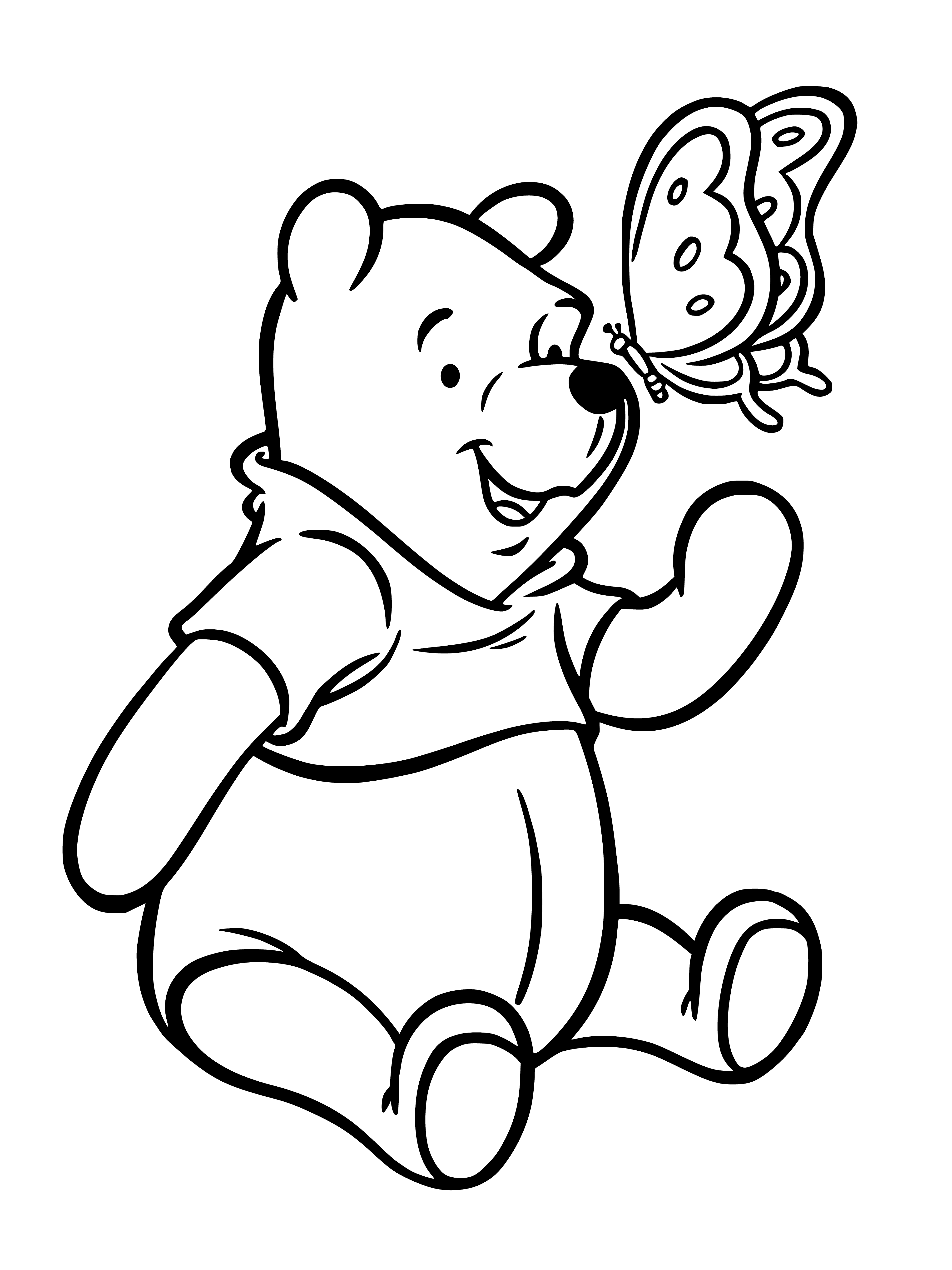 coloring page: Winnie the Pooh chases a flitty butterfly across a field of flowers, tongue out in concentration.