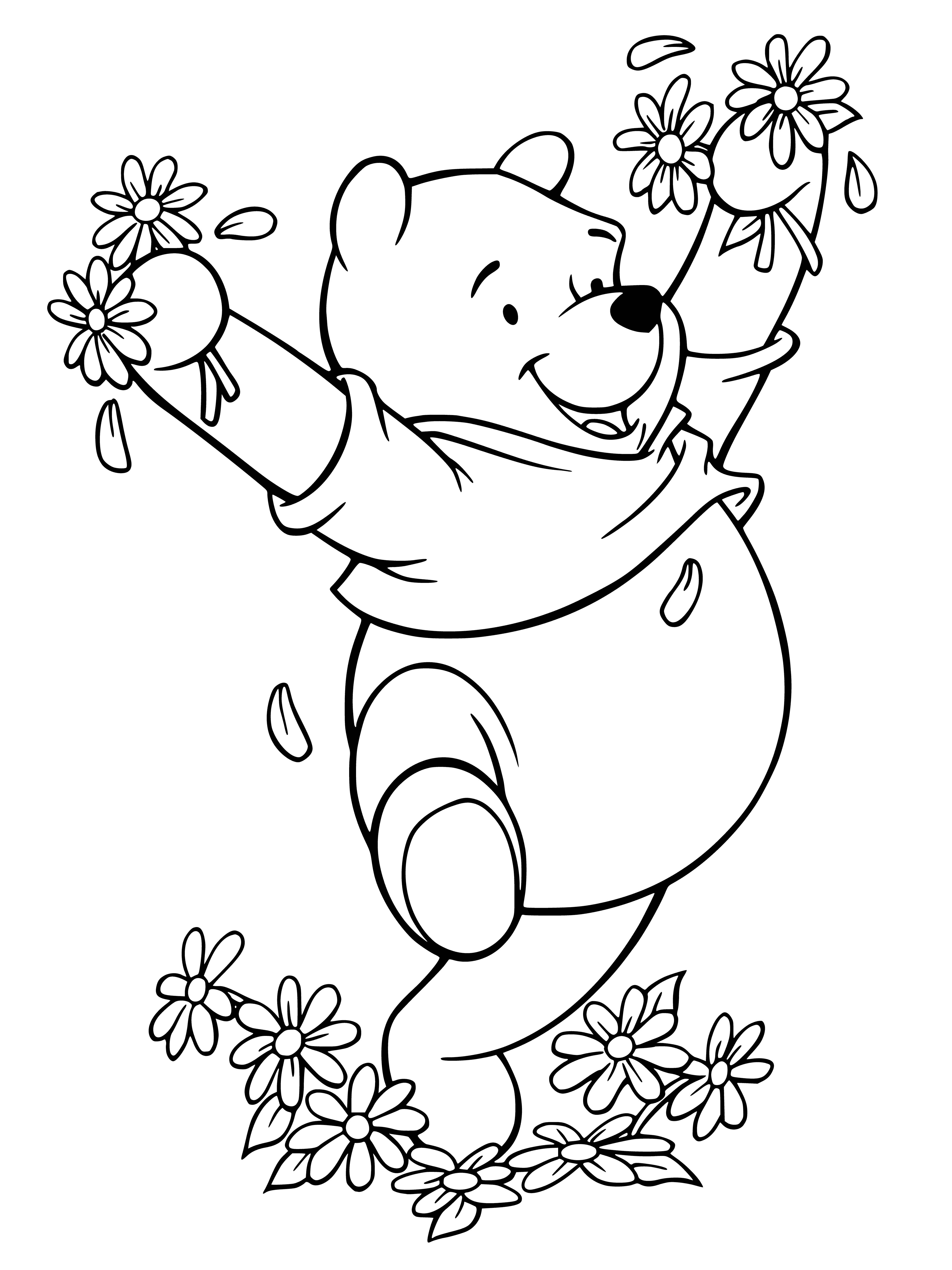 coloring page: Winnie and friends fly a blue kite with a yellow string, joyfully enjoying the day.