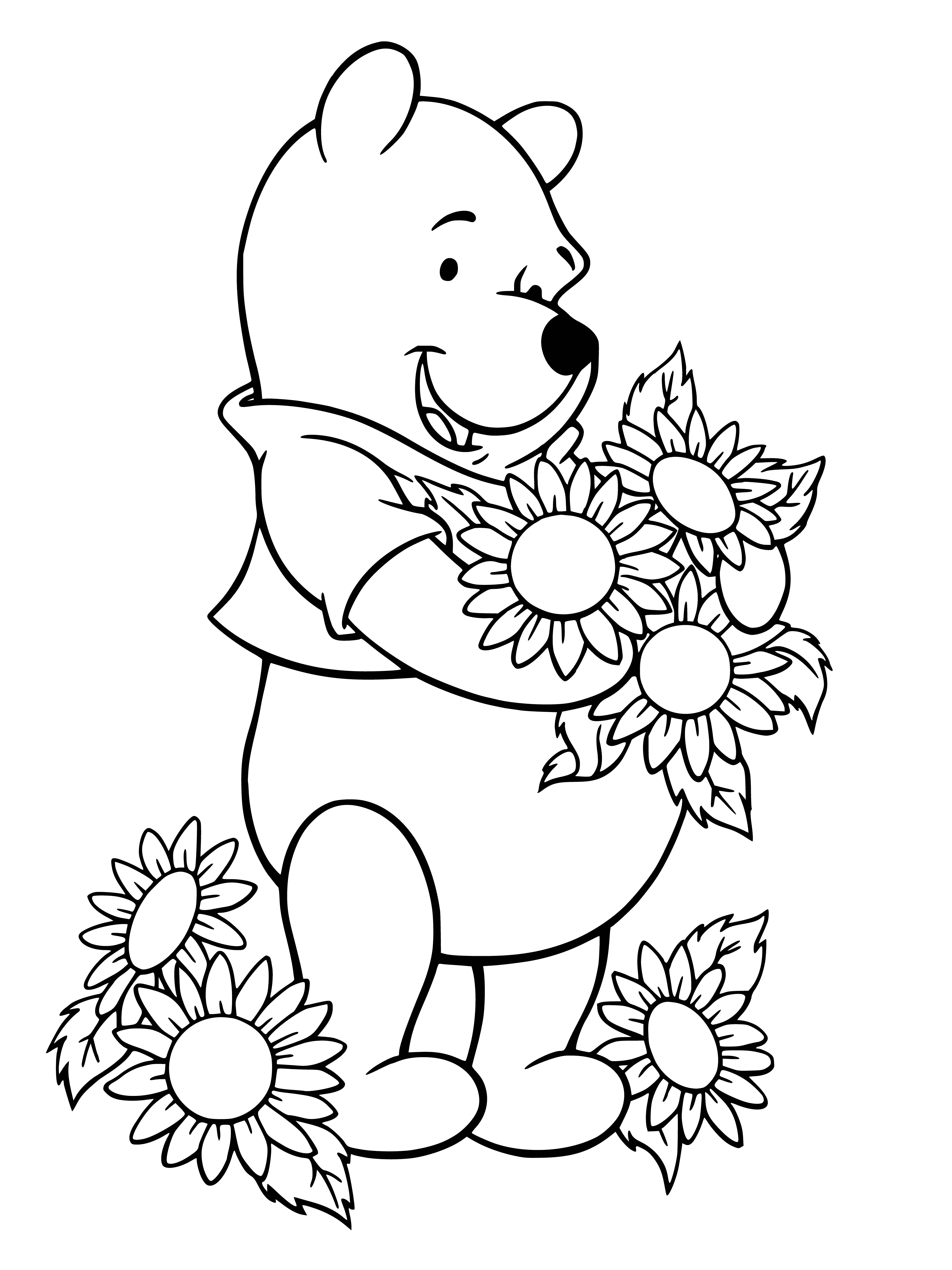 coloring page: Winnie & Piglet sit in a sunflower field, holding sunflowers & smiling at each other.
