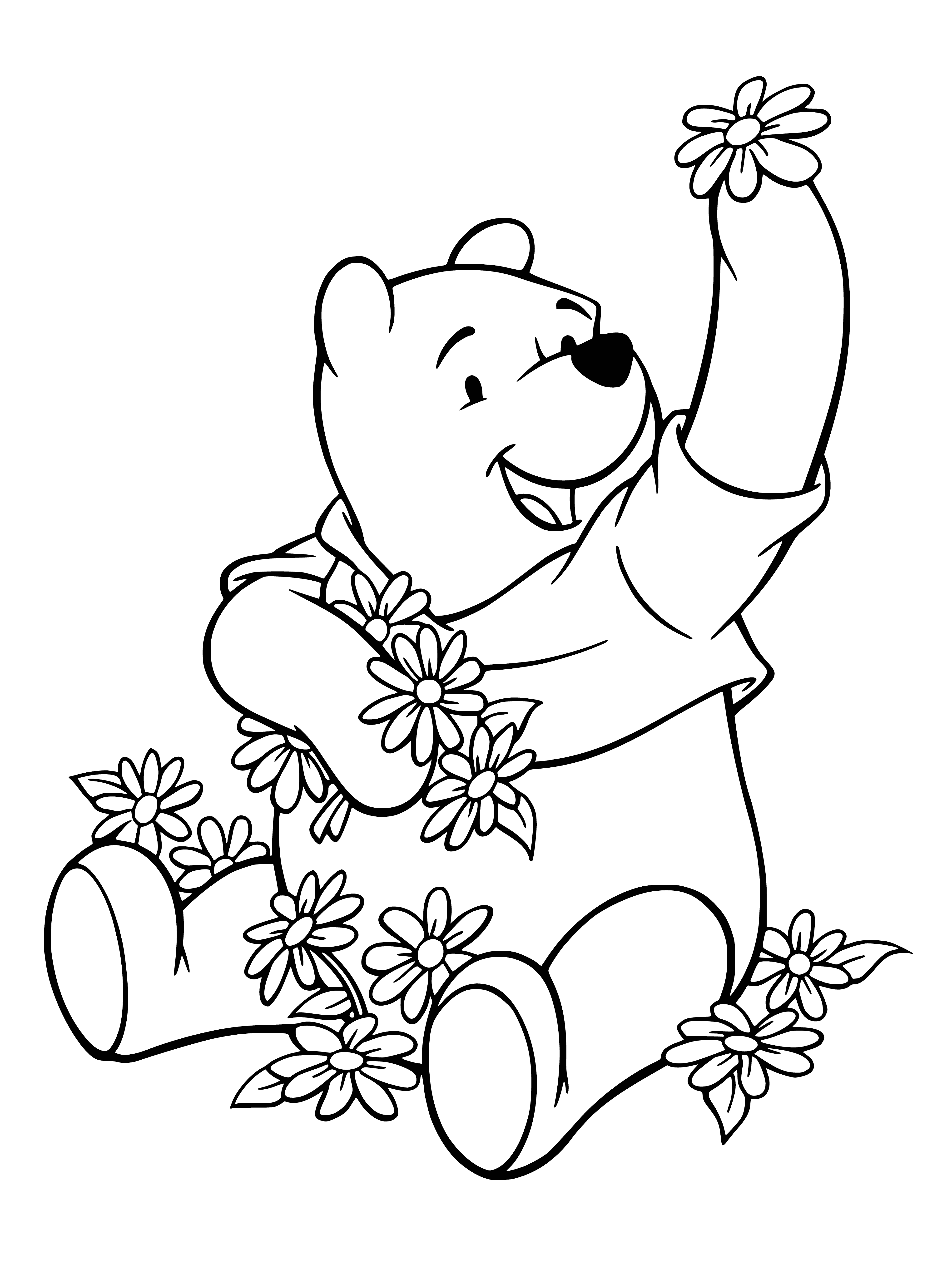 coloring page: Teddy bear w/ flowers around it: brown bear, black nose; yellow flowers, green stems.