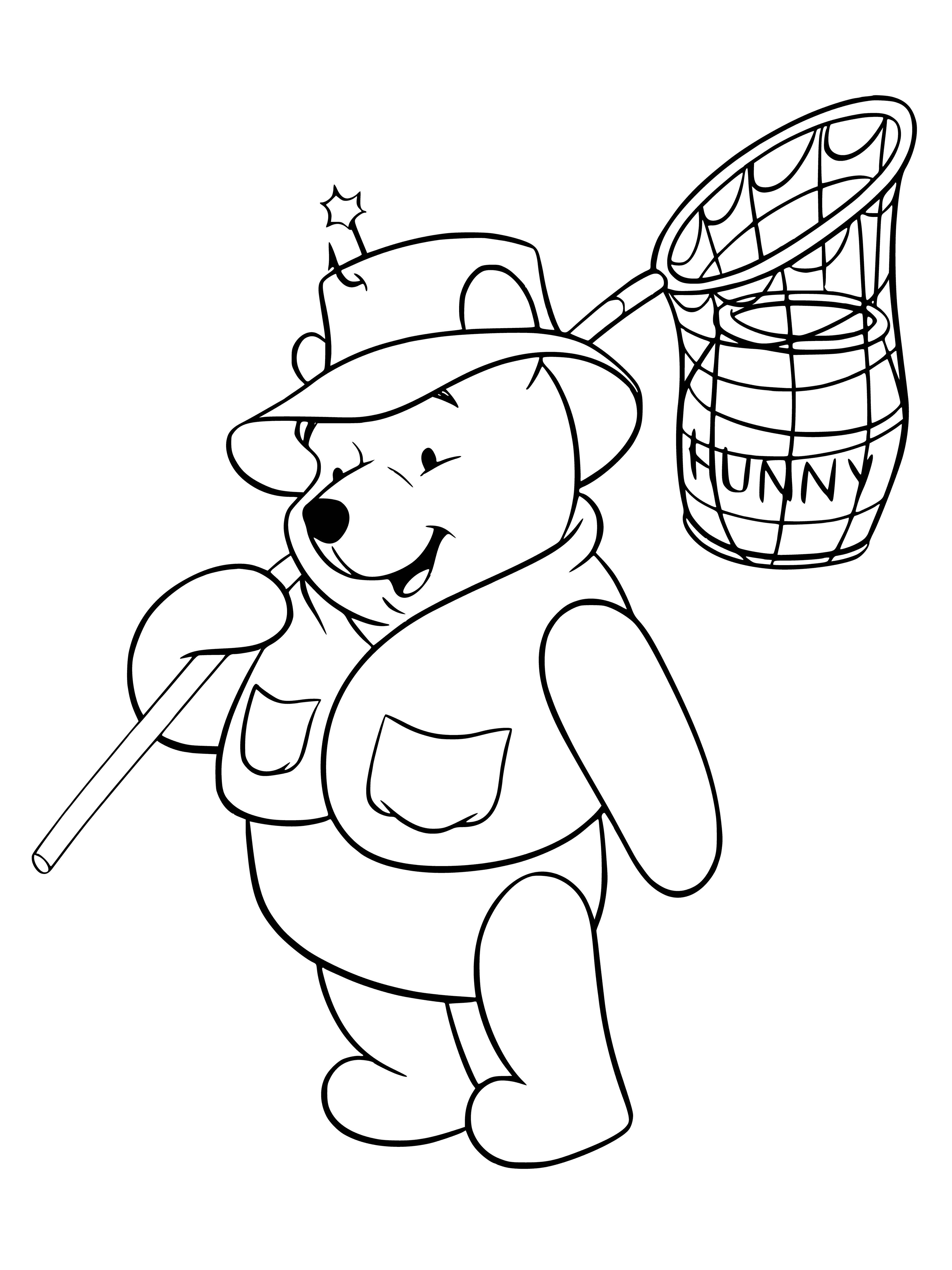 coloring page: Cartoon bear walking through a forest carrying a jar of honey surrounded by trees and flowers.