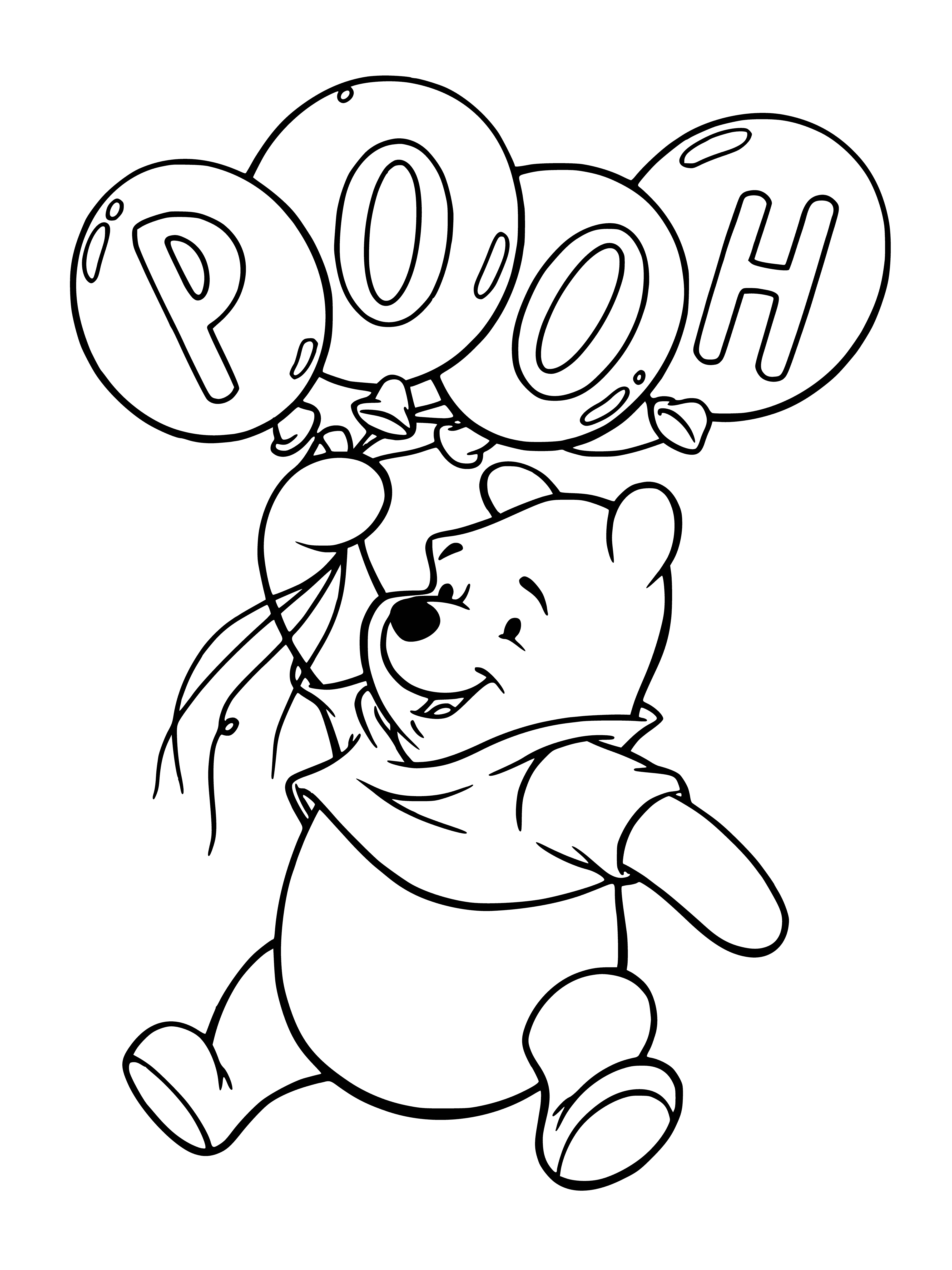 coloring page: Winnie the Pooh holds onto a string of a brightly colored helium balloon as others around him float away.