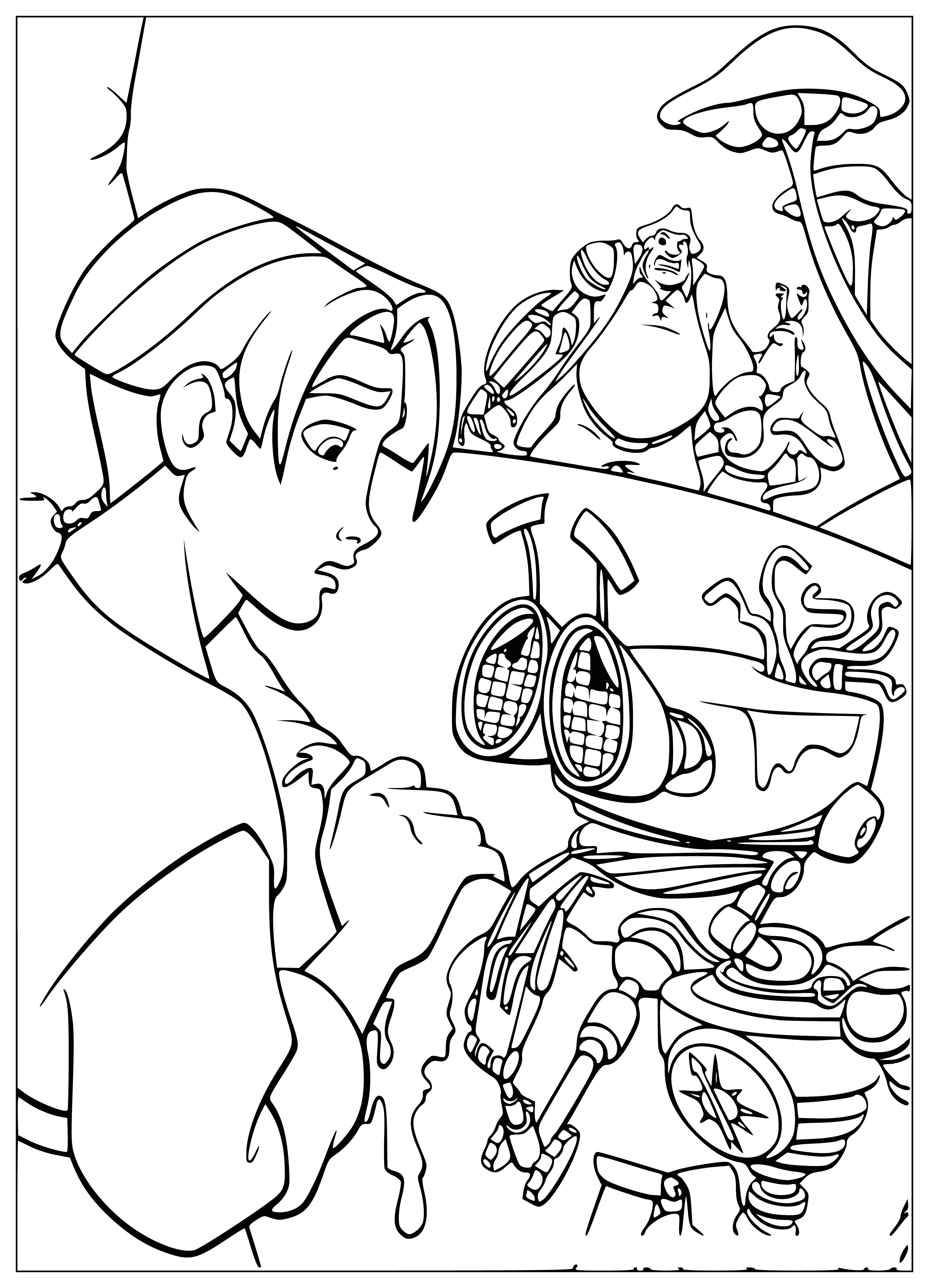 coloring page: A blue planet with a sun & stars, two moons, conts & animals.