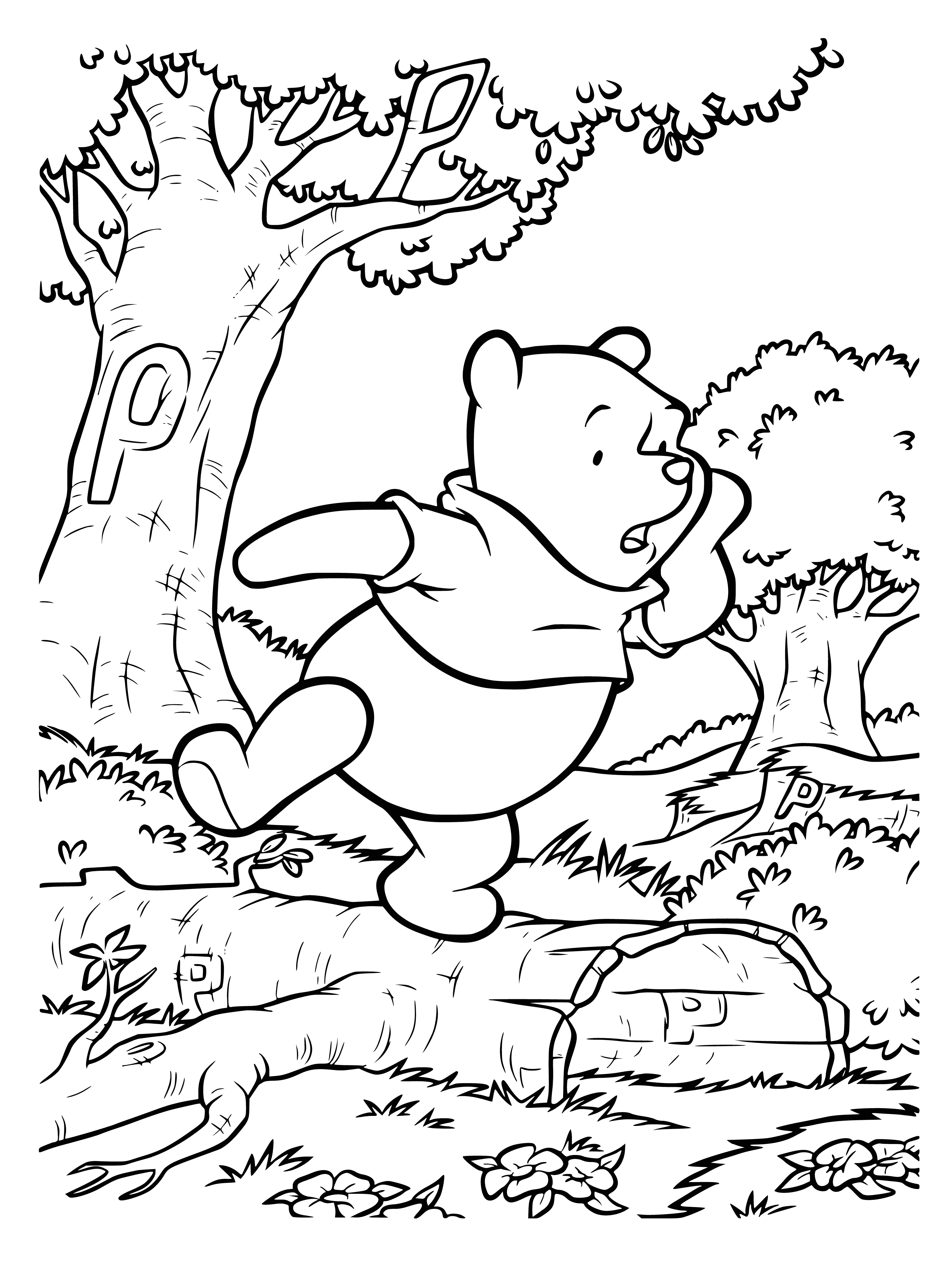 coloring page: A brown bear wearing a red shirt w/black necktie stands on hind legs, holding a yellow honey pot. A red bird looks on, next to a large, green tree.