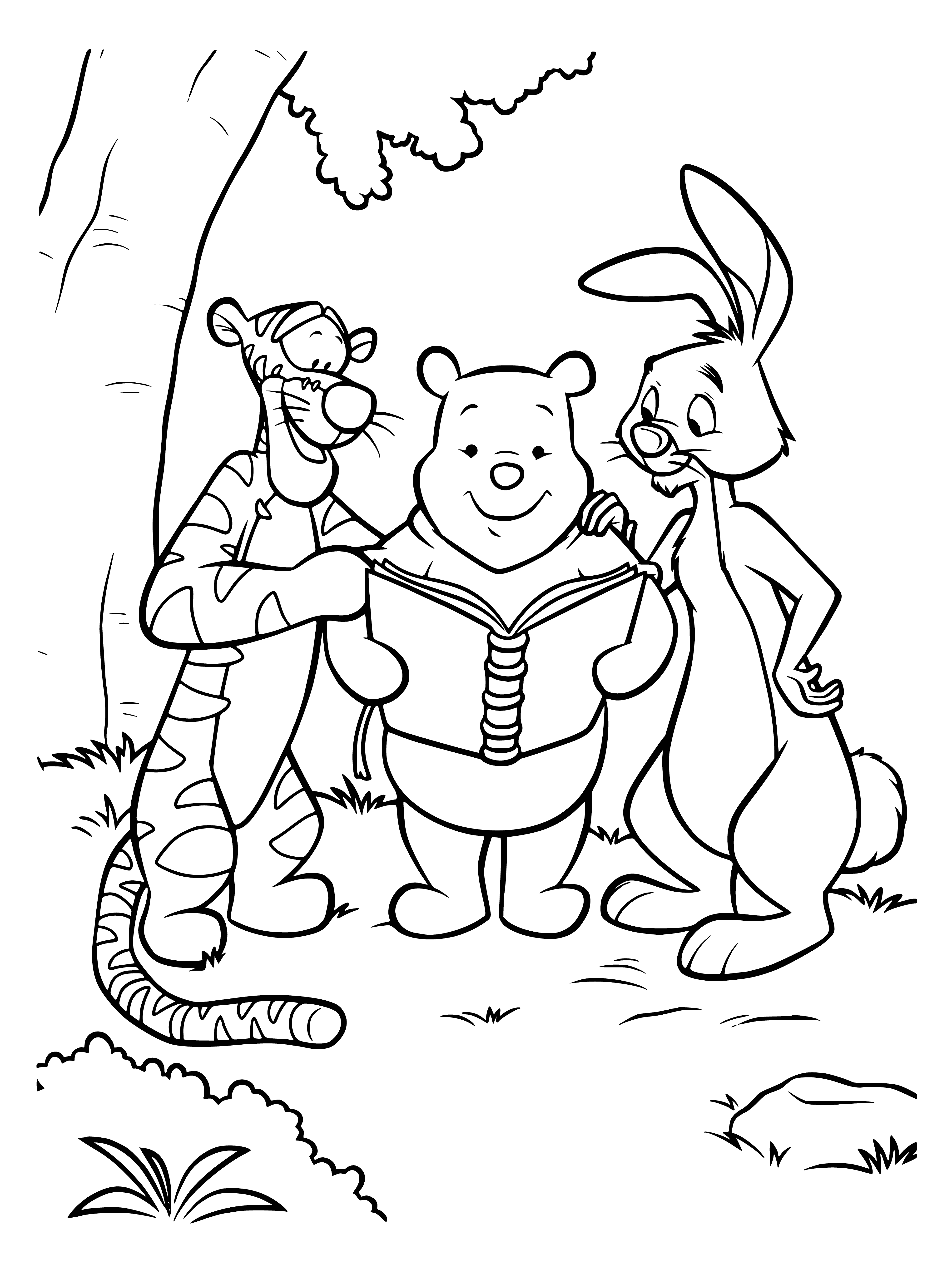 coloring page: Teddy bear sits on a stool, book open, paw raised as if to turn the page, adorned with red ribbons on his head and body.