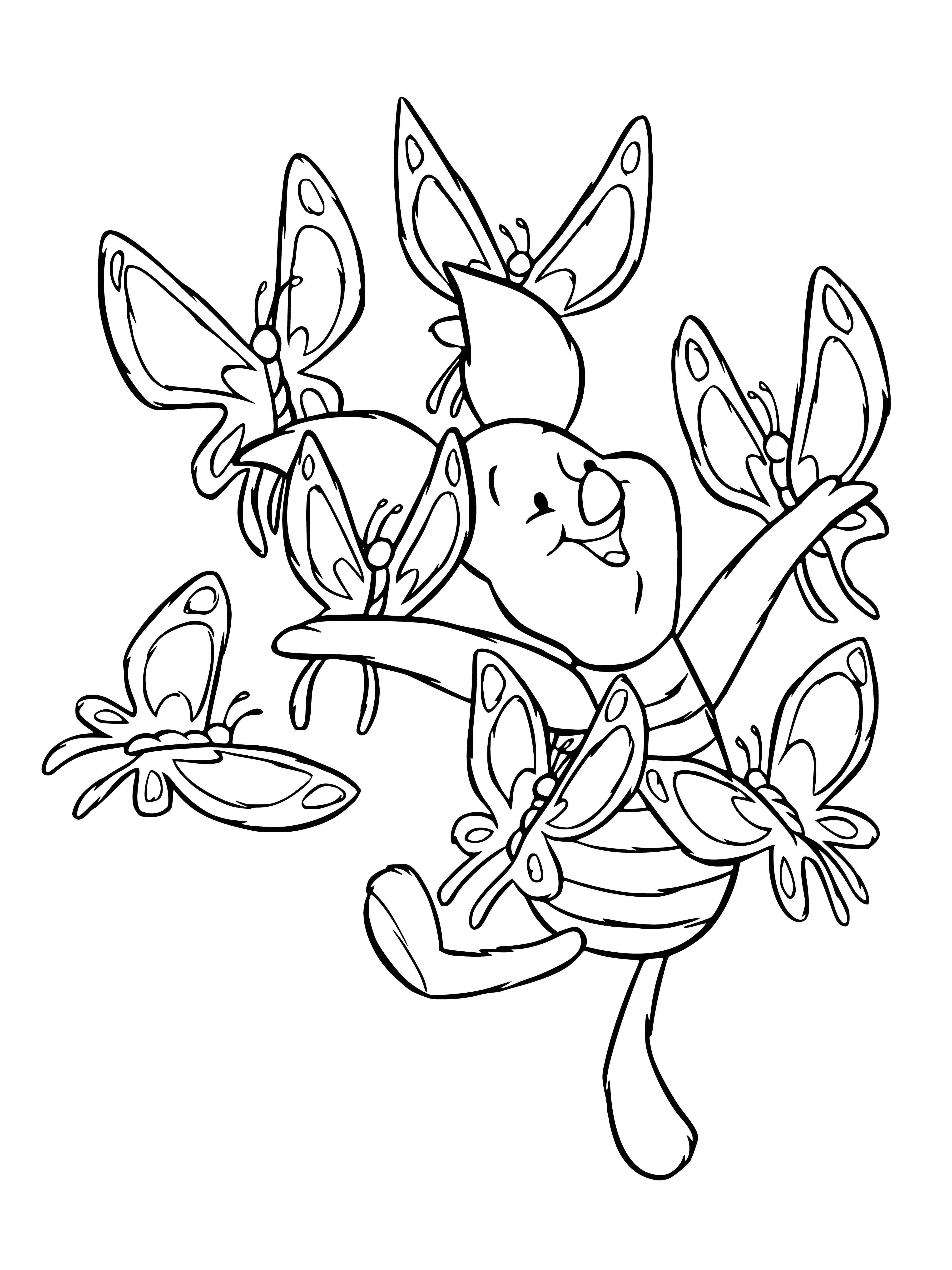 coloring page: Pig with 5 colored butterflies around it, happily lounging in the grass.