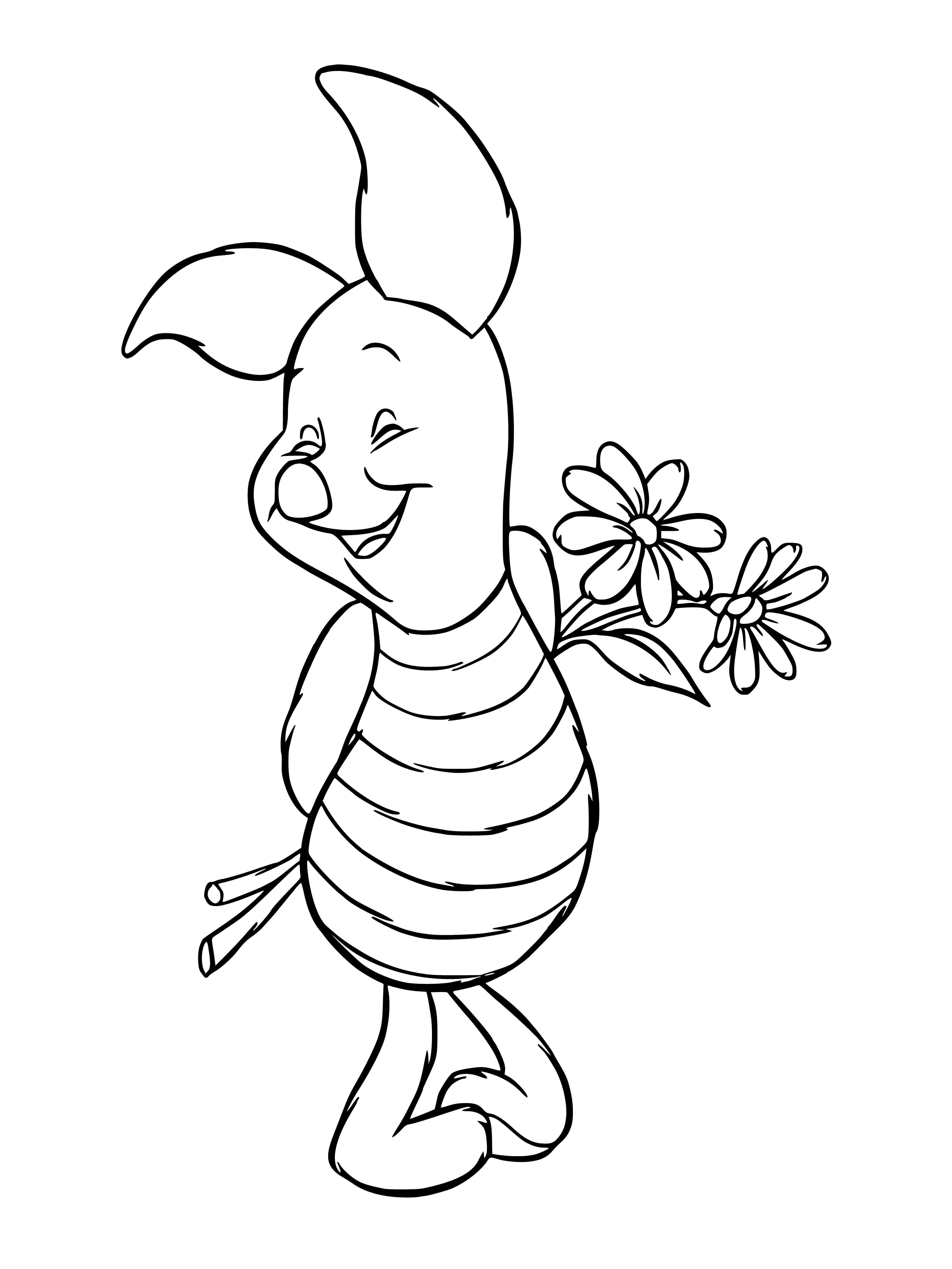 coloring page: Pig sits in grass surrounded by flowers, content & happy.