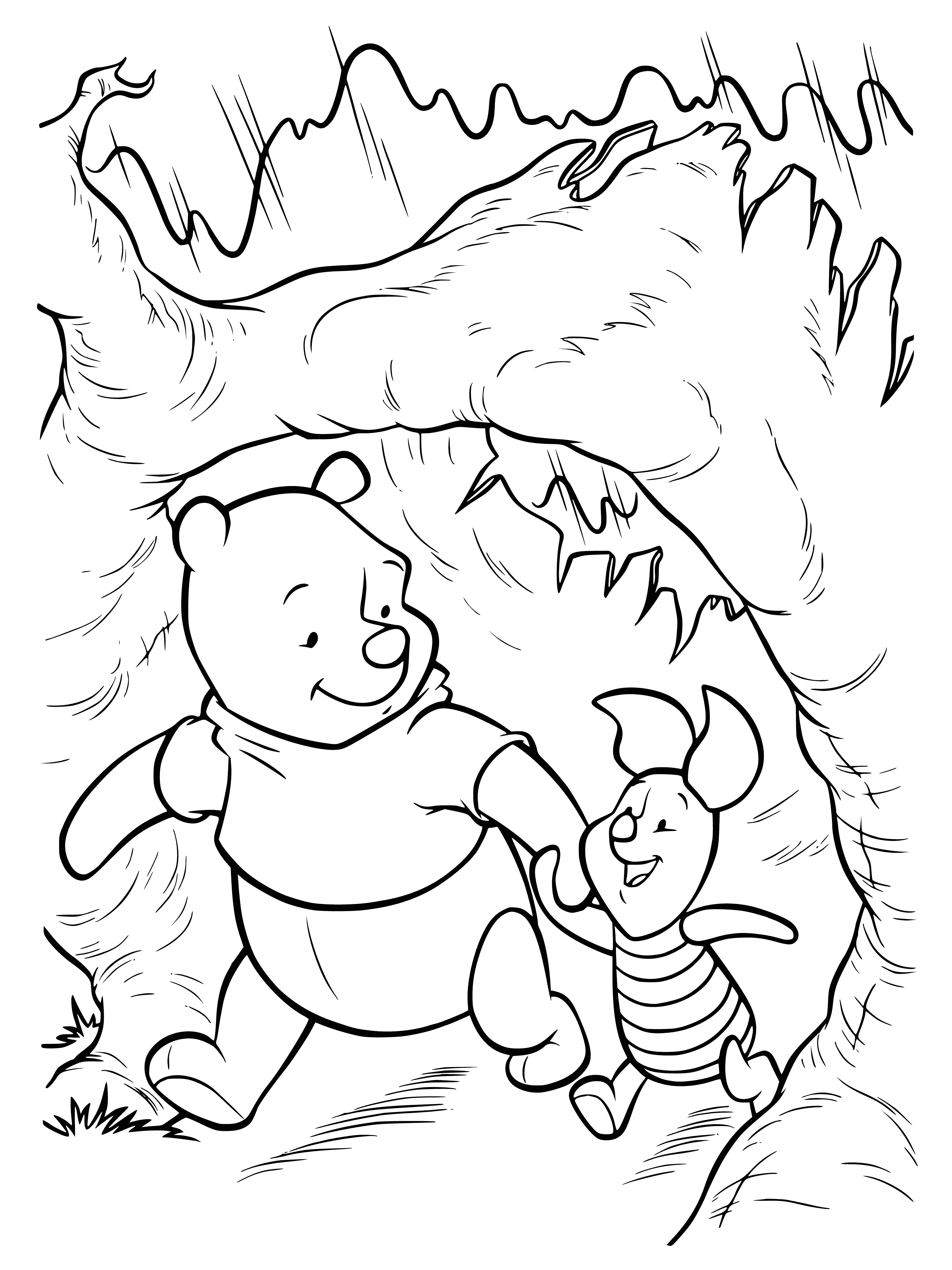 coloring page: Winnie the Pooh lovingly embraces a pig, looking deeply into each other's eyes.