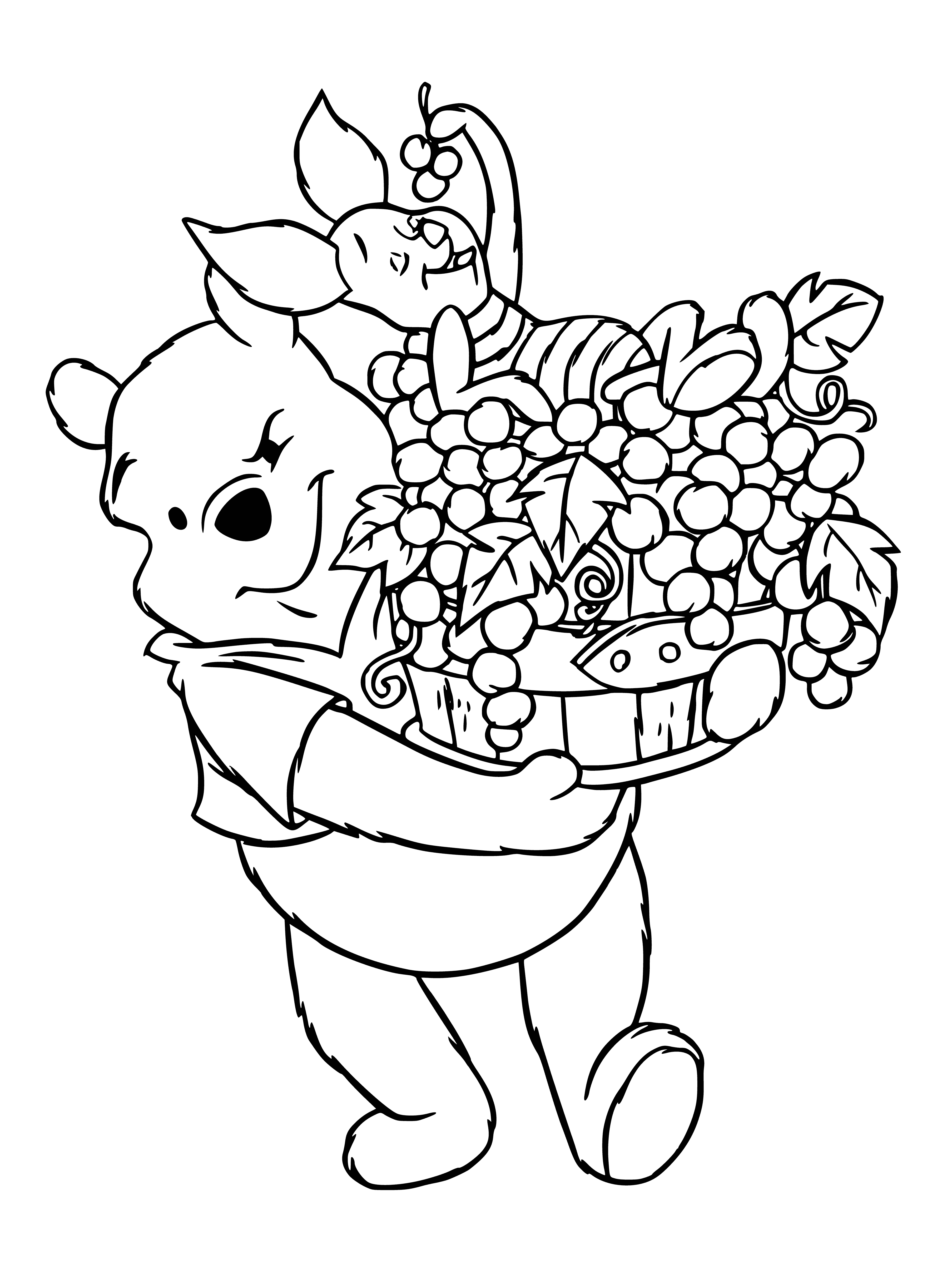 coloring page: Bear & pig hug on a green hill w/ blue sky & white clouds, pig wearing a pink ribbon. #cuteanimals