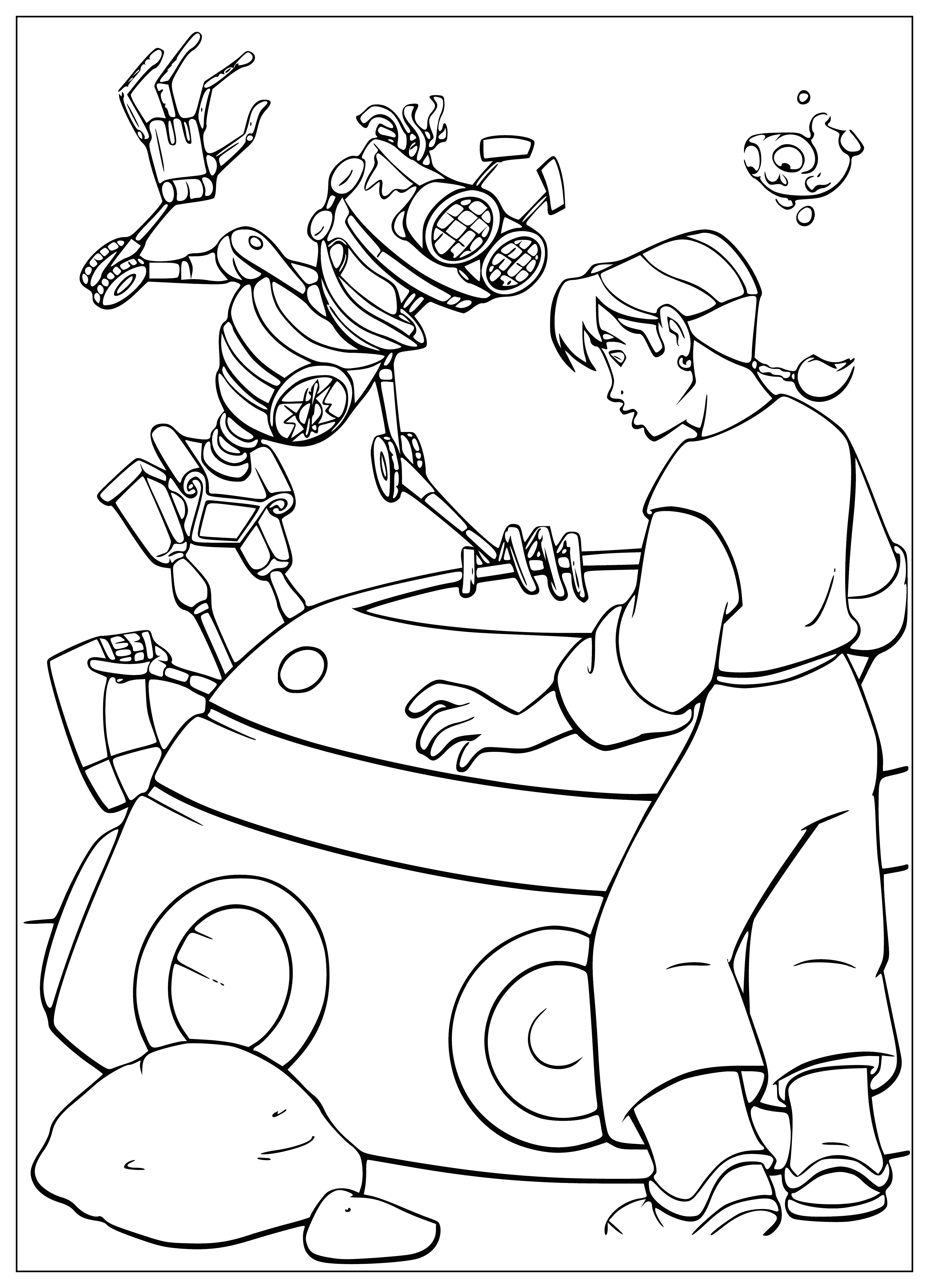 coloring page: Spaceship in center, green/yellow planet in bg. ER door on front, "emergency exit."