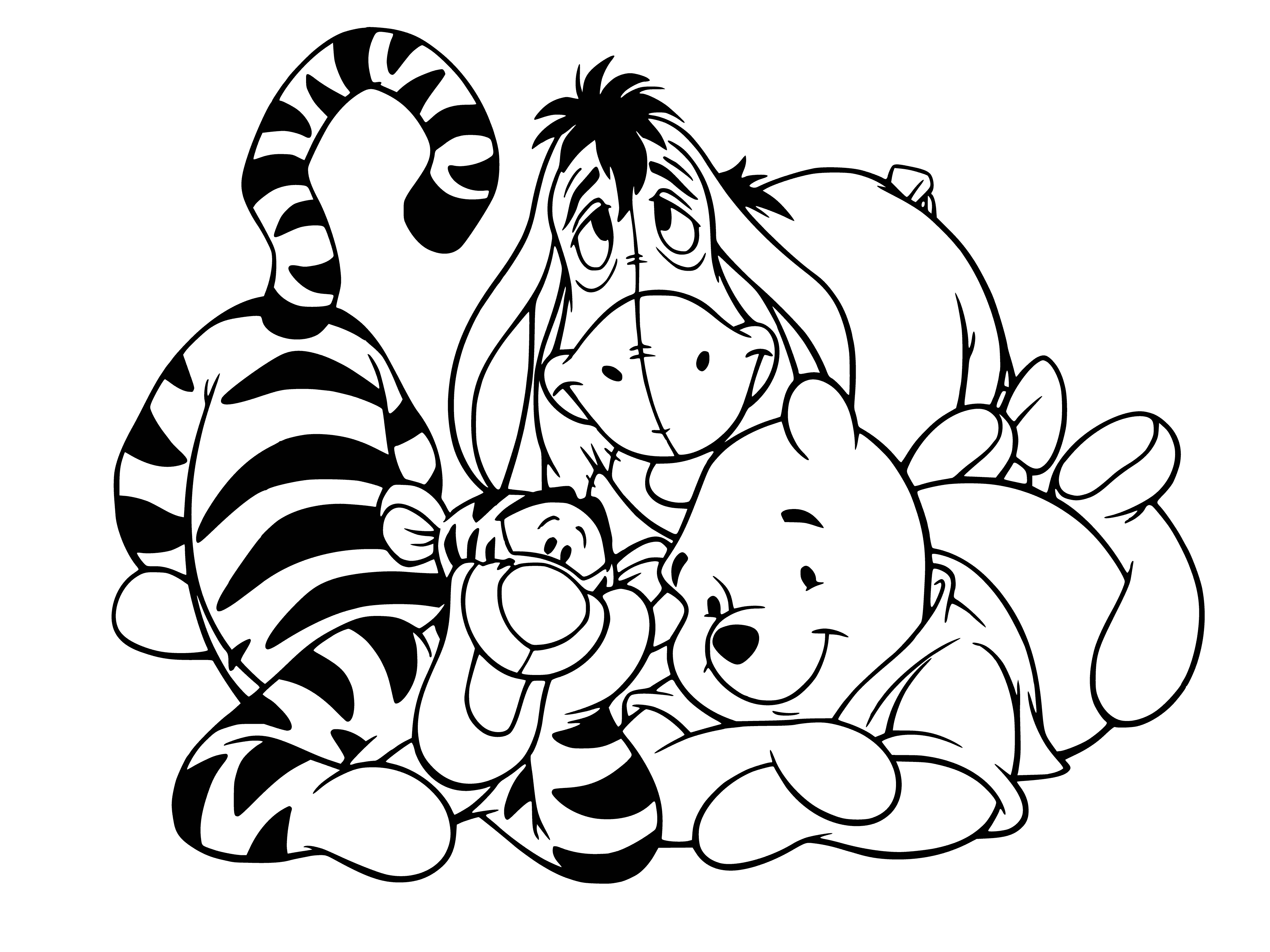 Tiger cub, Donkey Eeyore and bear cub Winnie coloring page