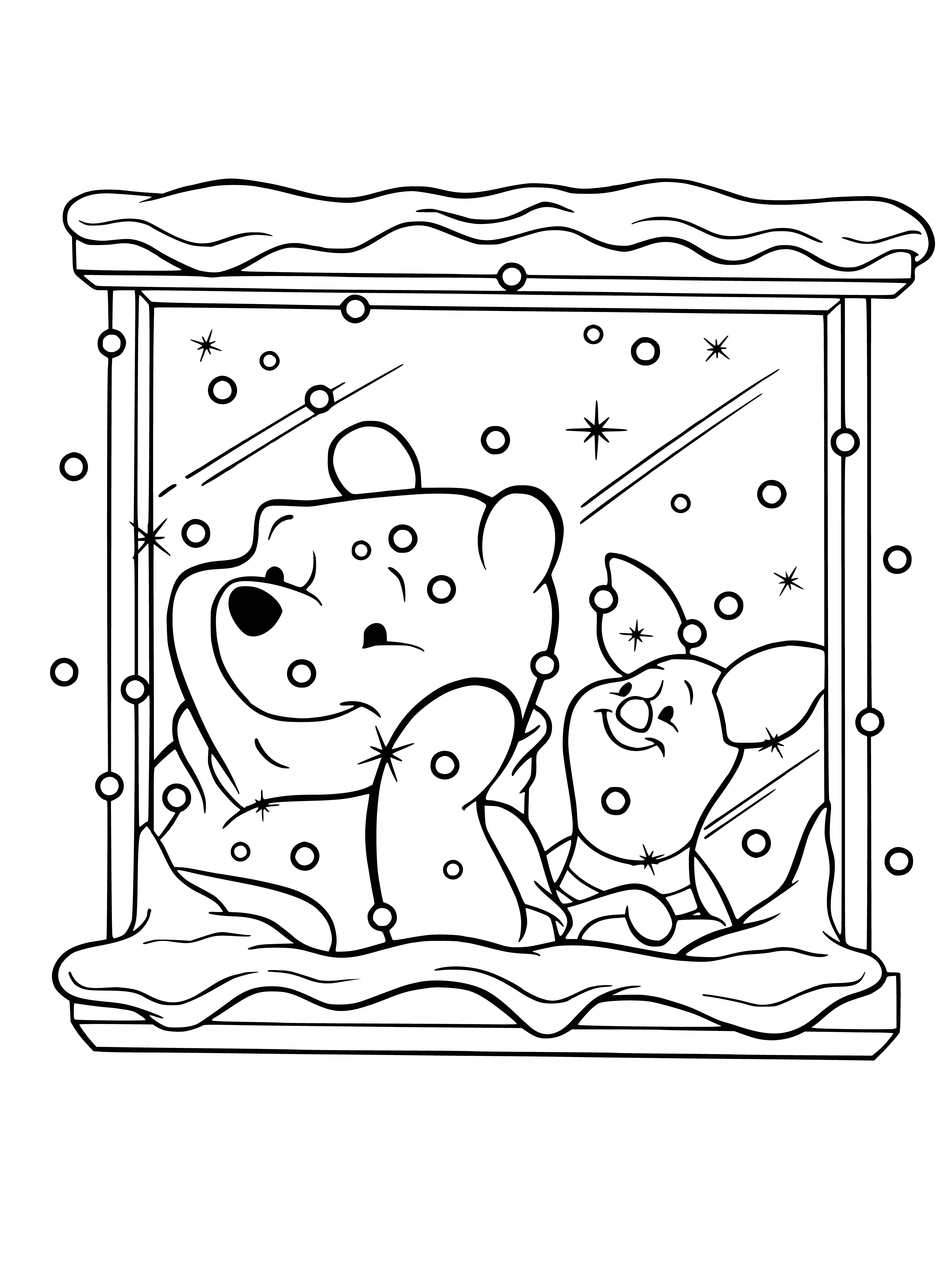 coloring page: Winnie watches the setting sun, a snowman in his arms, as trees of all sizes & colors cast shadows on the snowy ground.