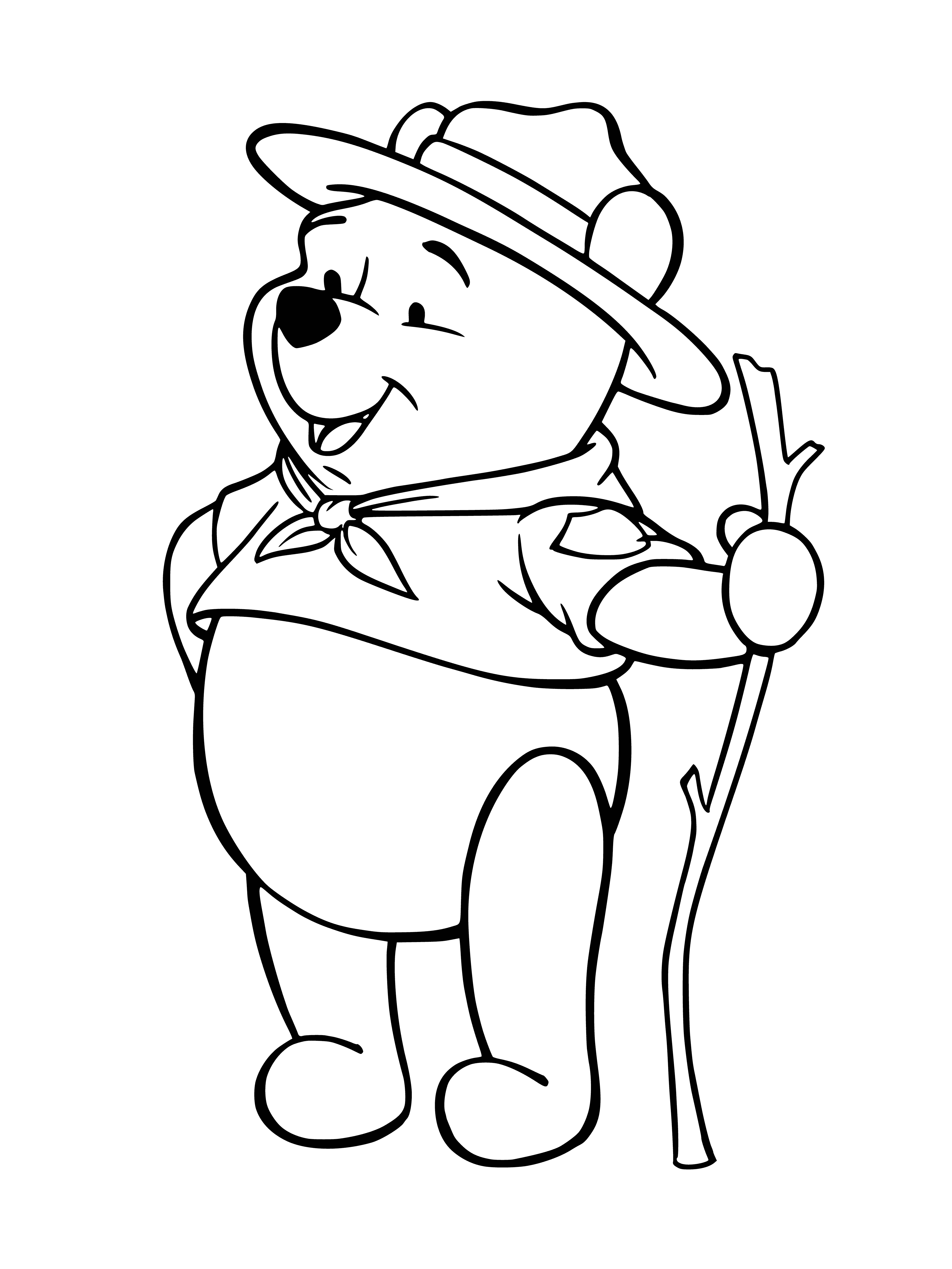 coloring page: Winnie the Pooh on a fishing expedition in a river, wearing a green hat and red shirt. A fish on the line, a forest behind him.