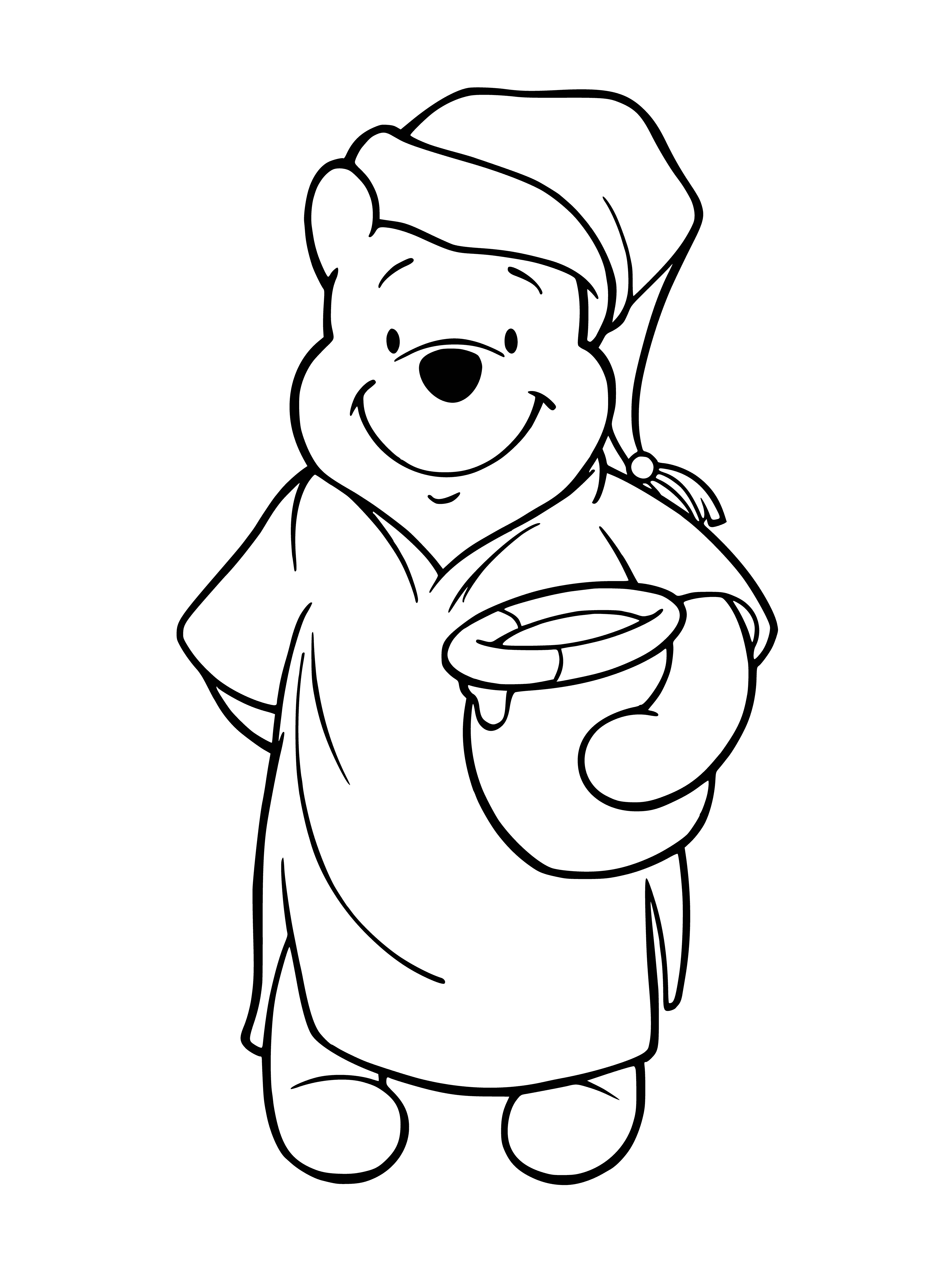 coloring page: A brown bear with a yellow belly and red shorts holds a pot of honey. He's smiling and has big, furry ears and a stubby tail. #bear #honeypot