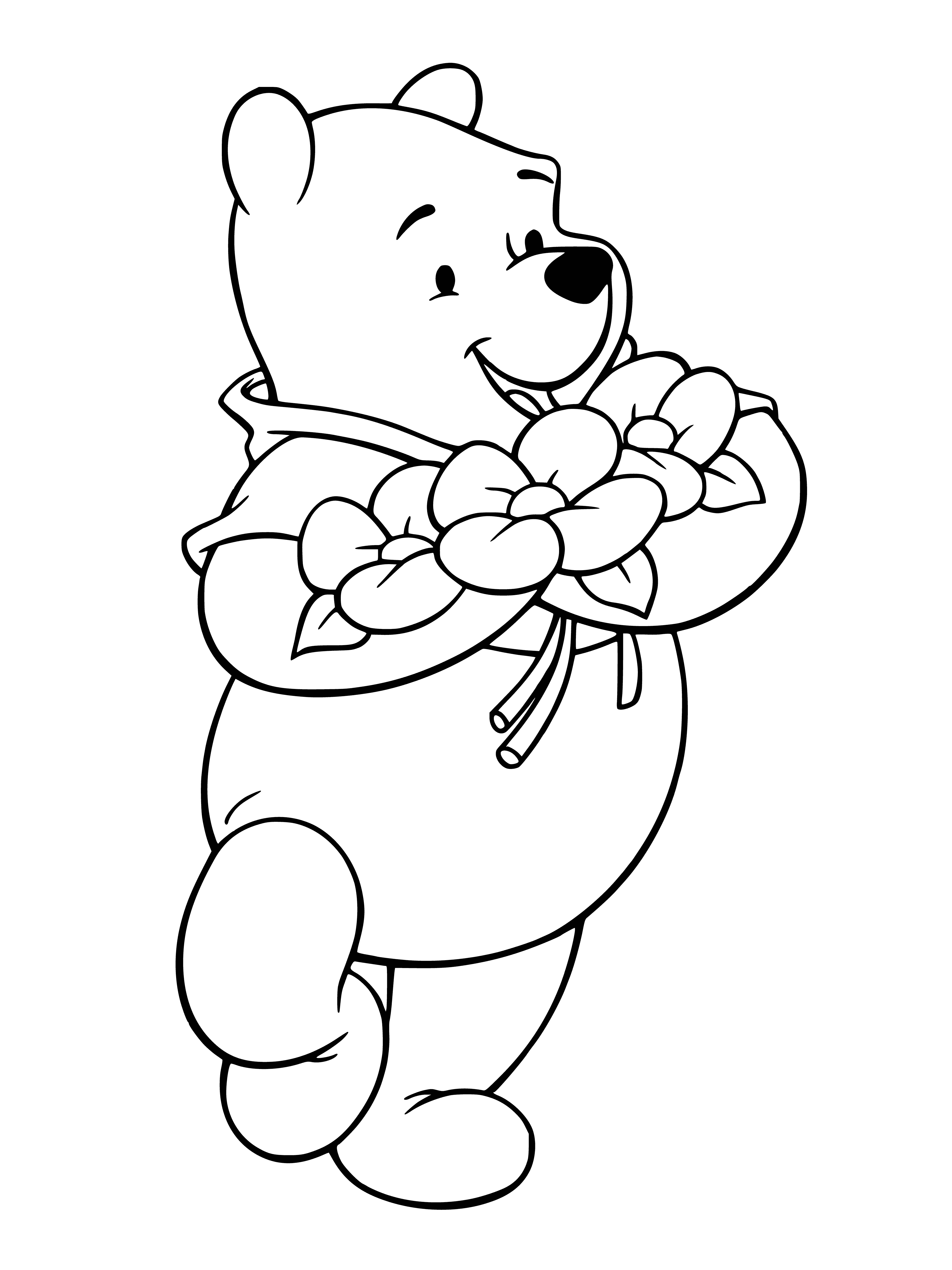 coloring page: Bear is holding a pot of yellow flowers in full bloom.