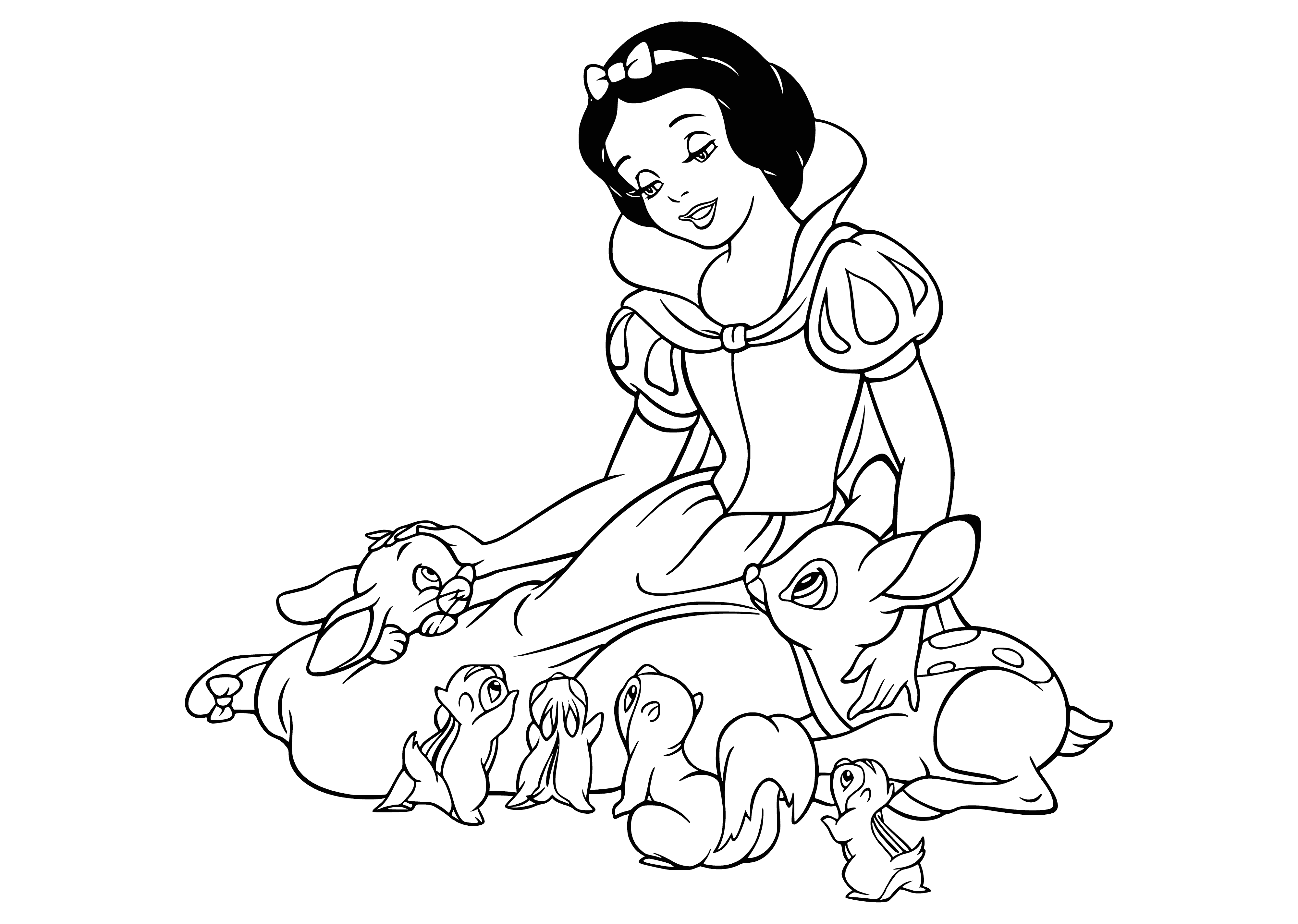 coloring page: A girl with long black hair is gently petting a deer, with other animals - a rabbit, a squirrel, and a bird - around her and a kind expression on her face.