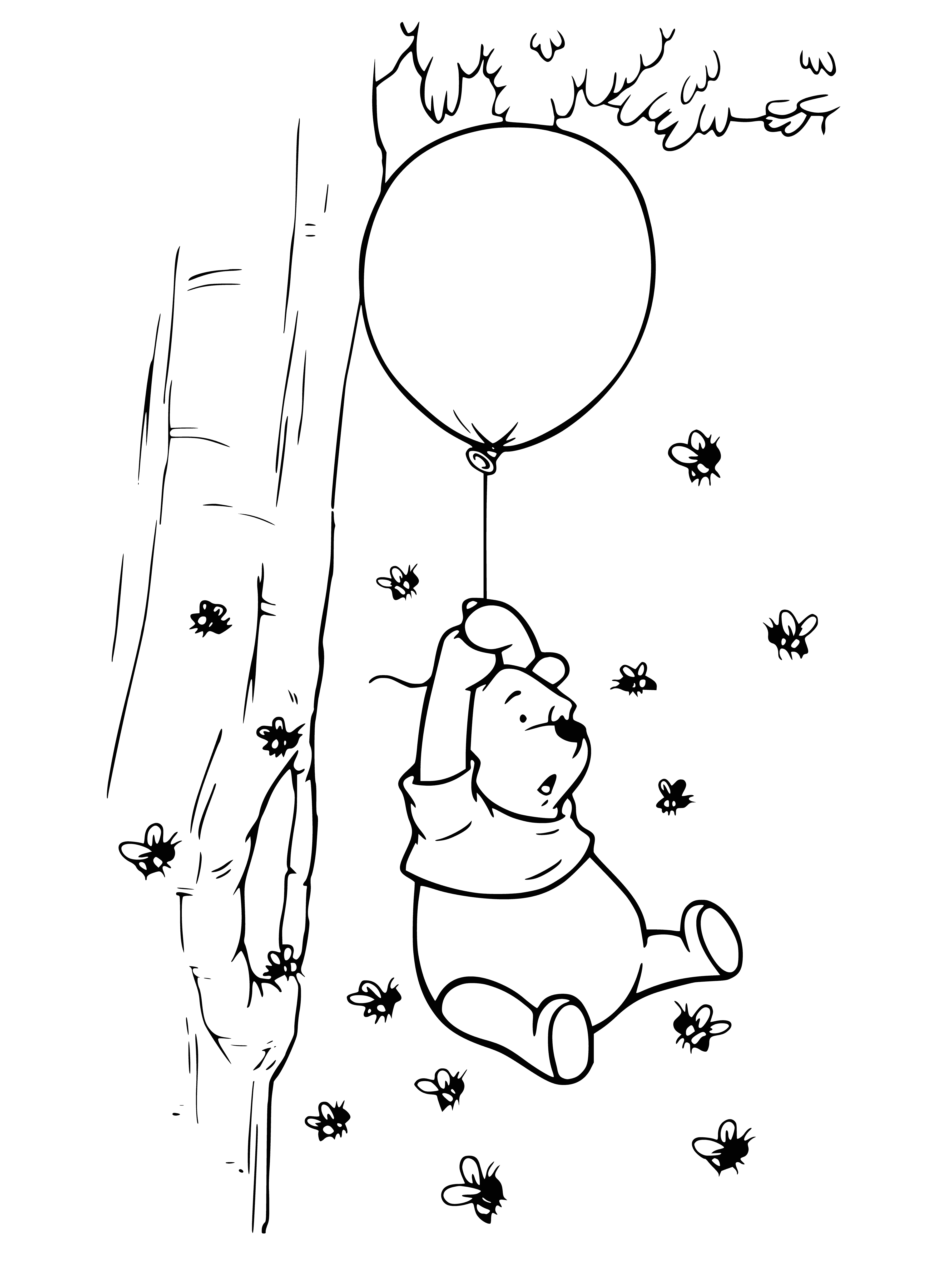 coloring page: Winnie the Pooh in hot air balloon: red & yellow, holding strings, blue sky.