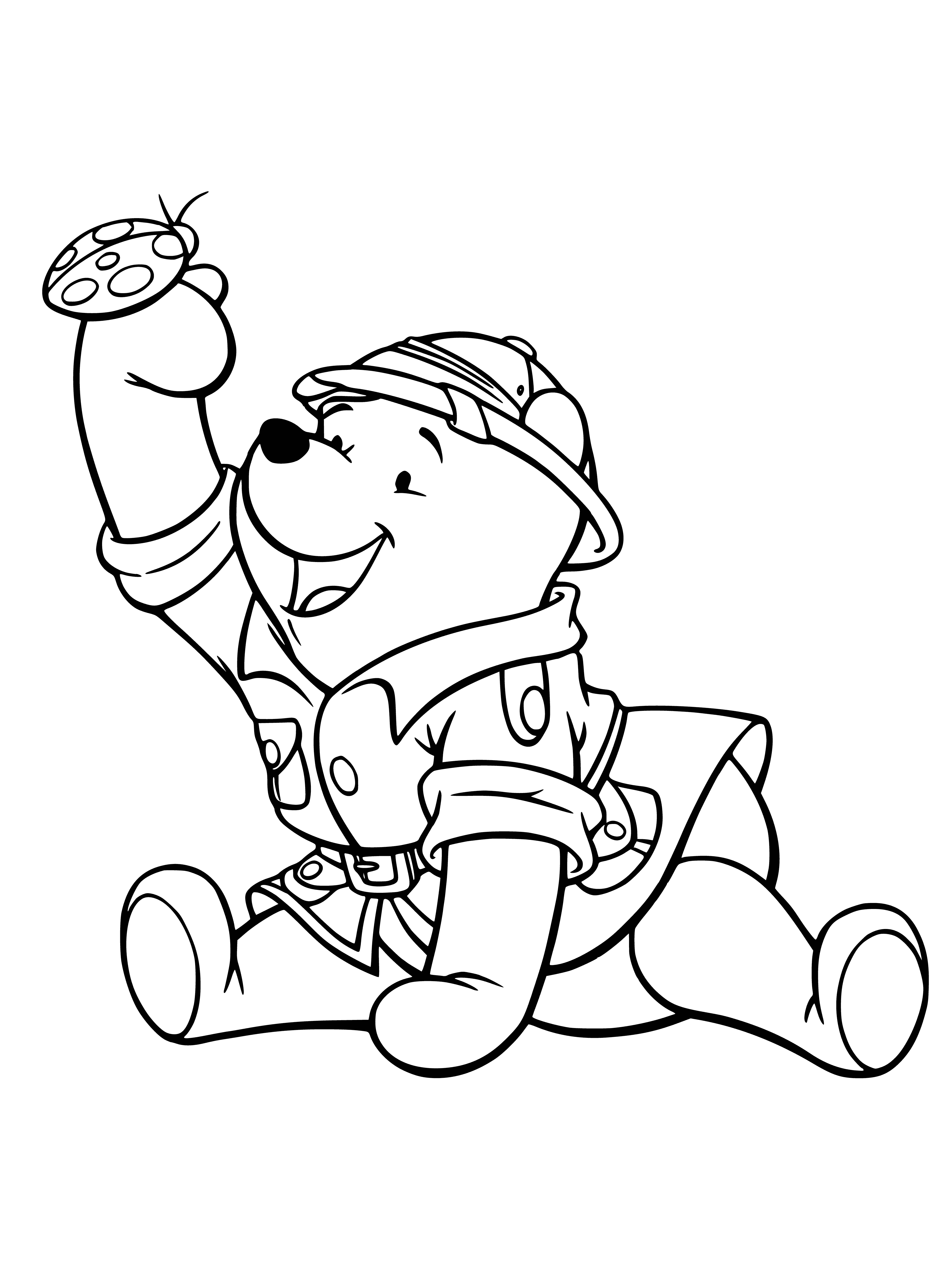 coloring page: Winnie is on an expedition in the woods looking for something, wearing a red shirt & scarf and carrying a large sack & stick.