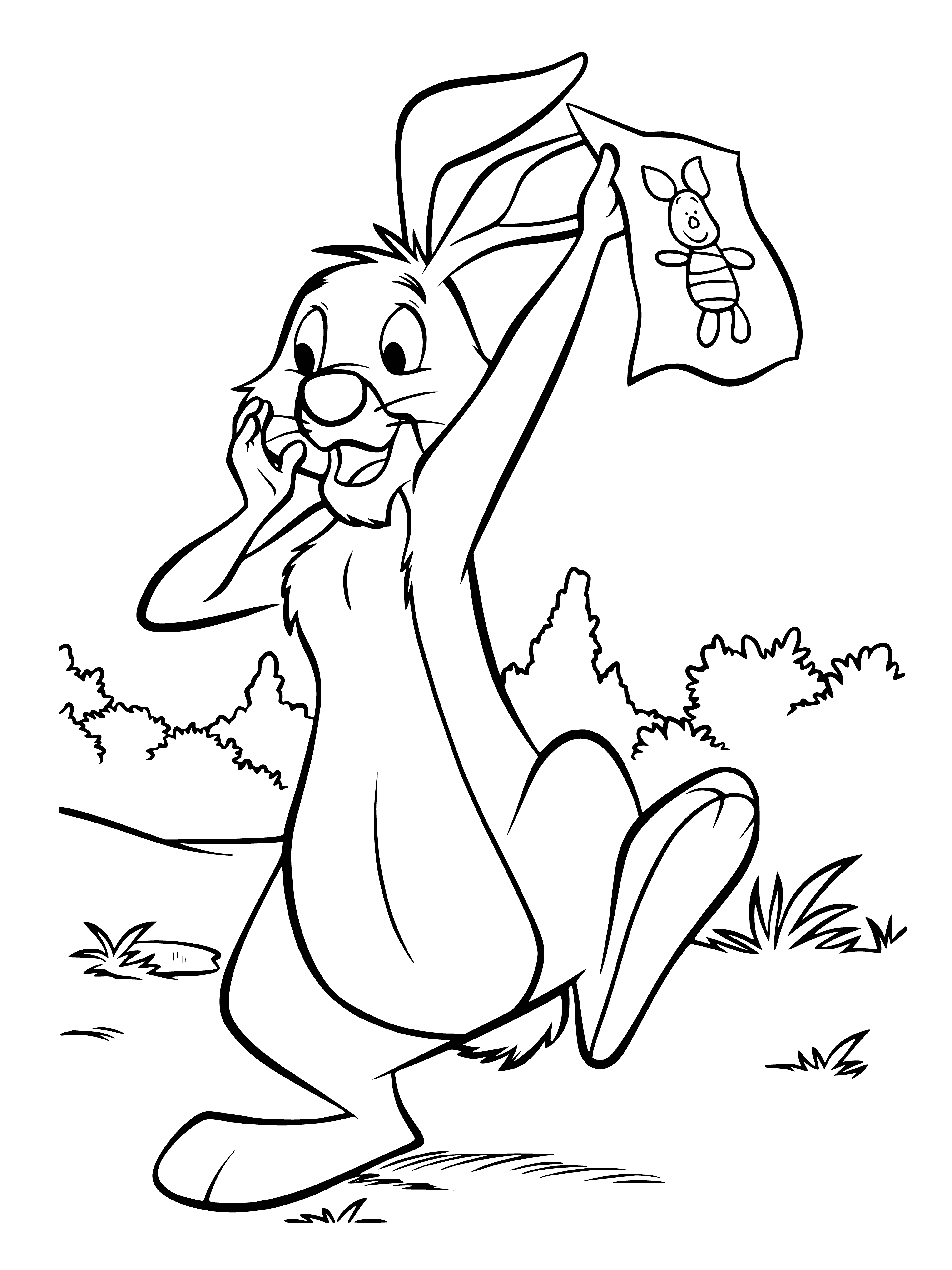 coloring page: Rabbit in red shirt has arms crossed, big nose and ears, looks like he's deep in thought.